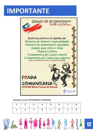 Respuestas correctas TEST RINCON DE LA MATRONA:
1 2 3 4 5 6 7 8
c a c d c b c d
12
IMPORTANTE
 