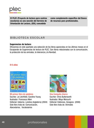 El PLEC (Proyecto de lectura para centros         como complemento específico del Banco
     escolares) es una sección del Servicio de         de recursos para profesionales.
     Orientación de Lectura, (SOL) concebida




     BI B L I o t ec a e s c oL a r

     Sugerencias de lectura
     Ofrecemos en este apartado una selección de los libros aparecidos en los últimos meses en el
     Escaparate de Sugerencias de lectura de PLEC. Son libros relacionados con la comunicación,
     la protección de los animales, la tolerancia y la Navidad.




     0-5 años




     Mi primer libro de palabras                       una tranquila charca
     Escritor: Jo Litchfield, Caroline Young           Escritor: Chris Butterworth
     Ilustrador: Francesca Allen                       Ilustrador: Miqui Moriuchi
     Editorial: Usborne, Londres (Inglaterra) (2004)   Editorial: Edelvives, Zaragoza (2008)
     Este libro trata de: Comunicación,                Este libro trata de: Animales
     Abecedarios, Vocabularios




48                         profesionales
 