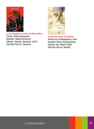 la ola. Basada en la obra de Morton rhue
Escritor: Stefani Kampmann                 cuentos europeos de navidad
Ilustrador: Stefani Kampmann               Antonio Guy de Maupassant y otros
Editorial: Takatuka, Barcelona (2010)      Ilustrador. Marina Arespacochaga
Este libro trata de: Tolerancia            Editorial: Clan, Madrid (2005)
                                           Este libro trata de: Navidad




                    profesionales                                              53
 