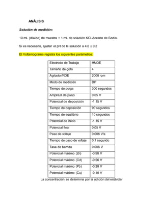 ANÁLISIS
Solución de medición:
10 mL (diluido) de muestra + 1 mL de solución KCl-Acetato de Sodio.
Si es necesario, ajustar el pH de la solución a 4.6 ± 0.2
El Voltamograma registra los siguientes parámetros:
Electrodo de Trabajo HMDE
Tamaño de gota 4
Agitador/RDE 2000 rpm
Modo de medición DP
Tiempo de purga 300 segundos
Amplitud de pulso 0.05 V
Potencial de deposición -1.15 V
Tiempo de deposición 90 segundos
Tiempo de equilibrio 10 segundos
Potencial de inicio -1.15 V
Potencial final 0.05 V
Paso de voltaje 0.006 V/s
Tiempo de paso de voltaje 0.1 segundo
Tasa de barrido 0.006 V
Potencial máximo (Zn) -0.98 V
Potencial máximo (Cd) -0.56 V
Potencial máximo (Pb) -0.38 V
Potencial máximo (Cu) -0.10 V
La concentración se determina por la adición del estándar
 
