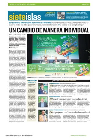 BOLETÍN INFORMATIVO NÚMERO XIV	

 ABRIL 2017
	

BOLETÍN INFORMATIVO DE NUEVA CANARIAS www.nuevacanarias.org
sieteislas
MIÉRCOLES 5 ABRIL 2017. CANARIAS 7. PAG 21
Los arquitectos visaron
cerca de 300 proyectos
durante el pasado año
LANZAROTE CONSTRUCCIÓN. A MEJOR EN 2016.La
construcción repuntó de buen modo en 2016 en
suelo lanzaroteño, con inversiones por casi 53,24
millones de euros, según informe del Colegio de Ar-
quitectos de Canarias (Demarcación de Lanzarote),
recogido por el Centro de Datos del Cabildo.
12º Seminario Internacional de Comarcas Sostenibles. El cambio climático «no es una leyenda urbana» y
cuidar el medio «no debe quedar en una declaración de intenciones» El Sureste es un ejemplo a seguir
12 edición. Momento de la inauguración del Seminario de Comarcas Sostenibles, ayer, en el centro cívico de Carrizal.
BORJASUÁREZ
UNCAMBIODEMANERAINDIVIDUAL
La 12ª edición del Seminario Inter-
nacional de Comarcas sosteni-
bles, que reúne a expertos mundia-
les en el centro cívico de Carrizal de
Ingenio, fue inaugurada ayer por el
presidente de la Mancomunidad del
Sureste grancanario, el alcalde de
esa villa, Juan Díaz, aconsejando
que «cada uno de nosotros, desde el
lugar que ocupa tiene que asumir la
parte que le toca en el sostenimiento
de nuestro medio ambiente». Cons-
tató que «el cuidado del medio am-
biente no debe quedarse en una
mera declaración de intenciones de
cara a la galería» y hay que «apostar
por pasar a la acción como así lo lle-
vamos haciendo», afirmó.
Díaz, que compartió inaugura-
ción con los alcaldes de la misma
mancomunidad, Óscar Hernández y
Dunia González, de Agüimes y San-
ta Lucía, respectivamente, enfatizó
en que «desde los poderes públicos,
es nuestra obligación trasladarles el
trato que debemos tener con nuestro
entorno», para reconocer que la
Mancomunidad del Sureste ha he-
cho, hace tiempo, una apuesta clara
y fuerte por lo que hemos llamado
crecimiento sostenido y sostenible,
energías renovables y limpias o por
el reciclaje,».
En su discurso inaugural en el
centro cívico de Carrizal, que casi
llenó su aforo, Díaz abordó dos de los
temas estrella de este seminario,
como el cambio climático, al referir-
se que «es una evidencia que no es
una leyenda urbana», similares tér-
minos que usó con la alimentación.
En la primera de las dos jornadas
del seminario, intervino Rafael Mar-
tell, presidente de Aeolican, que des-
tacó que de las 327 desaladoras de
Canarias, solo 6 se alimentan con re-
novables, todas en el Sureste. «Nos
duchamos con petróleo», dijo e invi-
tó al provocar el cambio de manera
individual. El siguiente en interve-
nir fue Juan Manuel Ortiz, que
avanzó que las aguas residuales pue-
den generar energía eléctrica. Lue-
go se entabló una ronda de pregun-
tas entre el público invitadas por el
moderador del seminario, el direc-
tor adjunto de CANARIAS7, Vicente
Llorca. En la sesión vespertina, puso
sobre la mesa Las ciudades ligeras
Carmelo Di Bartolo y la Ecomobili-
dad, Konrad Otto Zimmermann.
Cuidar el medioambiente «no debe
quedarse en una declaración de inten-
ciones; es tiempo de implicarnos indivi-
dualmente» como lo hace el Sureste
grancanario, constató el presidente de
la Mancomunidad en la inauguración
del Seminario de Comarcas Sosteni-
bles. Alertan de que el cambio climáti-
co «no es una leyenda urbana». Hoy hay
sesión con Joel Salatin.
M. J. PALLARÉS / INGENIO
SALATIN, HOY
El referente inter-
nacional en la
agricultura y ga-
nadería sostenible,
el estadounidense
Joel Salatin, que
ayer impartió ta-
lleres a técnicos
agrícolas, partici-
pará hoy en un co-
loquio, a las 9.00,
y las 17.00 diser-
tará sobre la Agri-
cultura Regenera-
tiva como máxima
expresión de cali-
dad en ganadería
y agricultura.
También interven-
drán Monika Zim-
mermann, con De-
sarrollo Sostenible
de Entornos Urba-
nos. Wigger
Verschoor, con La
Fortaleza de la
Sostenibilidad, y
Carlo Rondinini, en
Cómo afectan los
cambios globales
a la biodiversidad.
2ª JORNADA
JUAN MANUEL ORTIZ / DOCTOR EN INGENIERÍA QUÍMICA
El doctor en Ingeniería Química
por la Universidad de Alicante
disertó sobre la Tecnología Elec-
troquímica Microbiana aplicada
a pequeñas comunidades, en el
desarrollo que llevan a cabo
dentro del grupo de Investiga-
ción Bioelectrogénesis de Imdea
Agua para el tratamiento de
aguasresiduales,reutiliza-
ciónydesalinización. Explica que
producir energía eléctrica a par-
tir de las aguas residuales es po-
sible, y de hecho, desde 2016 se
ha desarrollado una depuradora
en la comunidad de Murcia en la
que se desarrolla la depuración
de estas aguas sin energía.
«Se puede producir energía con agua residual»
¿Quiénesquiénentrelosexpertosensostenibilidad?
CARMELO DI BARTOLO / DISEÑADOR INDUSTRIAL
«La Mancomunidad del Sureste
es un ejemplo de una ciudad li-
gera, una ciudad que tiene que
perder peso de todo tipo en in-
fraestructuras, movilidad, para
darle más categoría». Según el
diseñador industrial, Carmelo Di
Bartolo, el Sureste cumple con
estos criterios al aplicar desde
hace 25 años esas buenas prác-
ticas. «Han metabolizado y
creado calidad de vida muy alta
entre sus vecinos con políticas
comunes en iluminación, forma-
ción, participación, residuos,
tratamiento de agua, agricultu-
ra, etcétera. Es un ejemplo que
se debería copiar».
«El Sureste es un ejemplo de ciudad ligera»
KONRAD OTTO ZIMMERMANN / INGENIERO EN ARQUITECTURA Y URBANISMO
El director creativo Konrad
Otto-Zimmermann está con-
vencido de que en Canarias es
aplicable su experimento Eco-
movilidad, consistente en que
una comunidad de vecinos no
menor de 3.000 ni mayor de
8.000 habitantes, abandone su
vehículo y lo cambie durante un
mes por caminar, utilizar la bici-
cleta y transporte público, para
lo que dijo, existen hasta 500 ti-
pos de vehículos eléctricos ap-
tos para cada caso. Eso sí, es
precisa la implicación de los
ayuntamientos. Esta experien-
cia fue todo un éxito en Corea y
prepara otra en Taiwán.
«Deseo proponer en Canarias la Ecomovilidad»
 