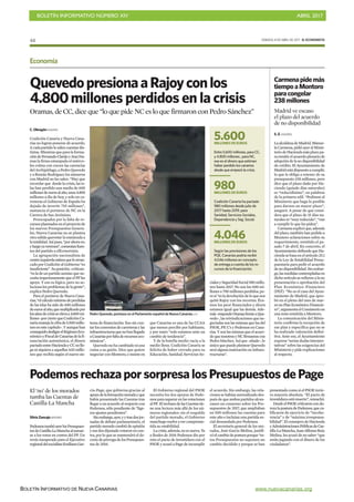 BOLETÍN INFORMATIVO NÚMERO XIV	

 ABRIL 2017
	

BOLETÍN INFORMATIVO DE NUEVA CANARIAS www.nuevacanarias.org
SÁBADO, 8 DE ABRIL DE 2017 EL ECONOMISTA44
Economía
Silvia Zancajo MADRID.
PodemostumbóayerlosPresupues-
tosdeCastilla-LaManchaalsumar-
se a los votos en contra del PP. Un
revés inesperado para el Ejecutivo
regionaldelsocialistaEmilianoGar-
cía-Page, que gobierna gracias al
apoyodelaformaciónmoradayque
había presentado las Cuentas tras
llegaraunacuerdoalrespectocon
Podemos, sólo pendiente de “lige-
ros ajustes pendientes”.
Sinembargo,ayer,yytrasdosjor-
nadas de debate parlamentario, el
partidomoradocambiódeopìnión
ysusdosdiputadovotaronencon-
tra, por lo que se mantendrá el de-
cretodepórrogadelosPresupues-
tos de 2016.
El Gobierno regional del PSOE
necesita los dos apoyos de Pode-
mosparasuperarenlasvotaciones
alPP. ElrechazodelasCuentastie-
ne una lectura más allá de los nú-
meros regionales: sin el respaldo
del partido morado, el Gobierno
manchegovuelveavercomprome-
tida su estabilidad.
Lacrisis,además,noesnueva.Ya
a finales de 2016 Podemos dio por
roto el pacto de investidura con el
PSOE y acusó a Page de incumplir
el acuerdo. Sin embargo, las rela-
cionessehabíannormalizadodes-
puésdequeambospartidosalcan-
zasen un consenso sobre los Pre-
supuestos de 2017, que ampliaban
en 500 millones las cuentas para
este año e incluían una partida so-
cial demandada por Podemos.
El secretario general de los mo-
rados, José García Molina, justifi-
cóelcambiodeposturaporque“es-
tos Presupuestos no suponen un
cambio decidido y porque se han
presentadocomosielPSOEtuvie-
ra mayoría absoluta. “El pacto de
investiduraestámuerto”,remachó.
DesdeelPSOEcriticaroncondu-
rezalaposturadePodemos,queca-
lificaron de ejercicio de “incohe-
rencia” y de “máxima irresponsa-
bilidad”.ElconsejerodeHacienda
yAdministracionesPúblicasdeCas-
tilla-LaMancha,JuanAlfonsoRuiz
Molina, les acusó de no saber “que
están jugando con el dinero de los
ciudadanos”.
PodemosrechazaporsorpresalosPresupuestosdePage
El ‘no’ de los morados
tumba las Cuentas de
Castilla-La Mancha
Pedro Quevedo, portavoz en el Parlamento español de Nueva Canarias. EFE
C. Obregón MADRID.
Coalición Canaria y Nueva Cana-
rias no logran ponerse de acuerdo.
Acadapartidolesalencuentasdis-
tintas.Mientrasqueparalaforma-
cióndeFernandoClavijoyAnaOra-
mas la firma estampada el miérco-
les colma con creces las carencias
delArchipiélago,aPedroQuevedo
y a Román Rodríguez los números
con Madrid no les salen. “Hay que
recordar que desde la crisis, las is-
las han perdido una media de 600
millonesdeeurosalaño,unos4.800
millones a día de hoy, y solo en ca-
rreteras el Gobierno de España ha
dejado de invertir 755 millones”,
sustancia el portavoz de NC en la
Carrera de San Jerónimo.
Preocupados por la falta de re-
cursosplasmadosenelproyectode
los nuevos Presupuestos Genera-
les, Nueva Canarias no se plantea
otra salida quevotar la enmienda a
latotalidad.Asípues,“porahorano,
yluegoyaveremos”,comentanfuen-
tes del partido a elEconomista.
La agrupación nacionalista de
centroizquierdaestimaqueloarran-
cadoporCoaliciónalGobierno“es
insuficiente”. Suposición-critican-
“esladeunpartidosumisoquene-
cesitaimperiosamentequeelPPles
apoye. Y eso es lógico, pero no so-
lucionalosproblemasdelagente”,
explica Pedro Quevedo.
Para el portavoz de Nueva Cana-
rias,“elcálculomínimodeperdidas
de las islas ha sido de 600 millones
deeurosalaño,quemultiplicadopor
losañosdecrisisseelevaa4.800mi-
llones-porciertoqueCoaliciónCa-
nariamanejalacifrade5.500millo-
nesenestecapítulo-.Yaunquehan
conseguidodesligarelRégimenEco-
nómicoyFiscaldeCanariasdelafi-
nanciación autonómica, el dinero
pactadoentreHaciendayCCnolle-
ga ni siquiera a aquellos 420 millo-
nes que recibía según el nuevo sis-
QuevedopresionaaRajoyconlos
4.800millones perdidos en la crisis
Oramas, de CC, dice que “lo que pide NC es lo que firmaron con Pedro Sánchez”
cialesySeguridadSocial980millo-
nes hasta 2017. No son los 600 mi-
lloneso700millonesperdidos,pe-
rosí“esladevolucióndeloquenos
quitó Rajoy con los recortes. Éra-
mos los peor financiados y ahora
estamos igual que las demás. Ade-
más-respondeOramasfrenteaQue-
vedo-, las reivindicaciones que ne-
gociadassonlasmismasquelasdel
PSOE, PP, C’s y Podemos en Cana-
rias.Ysonlasmismasqueelacuer-
doquenosotrosyNCfirmamoscon
Pedro Sánchez. Así que -añade-, lo
únicoquepuedeplantearQuevedo
será alguna matización en infraes-
tructuras”.
tema de financiación. Eso sin con-
tarlosconveniosdecarreterasylas
infraestructurasquenohanllegado
aCanariasporfaltaderecursoseco-
nómicos”.
Quevedo no ha cambiado ni una
coma a su guión. Dice que quiere
negociar con Montoro, e insiste en
que Canarias es una de las CCAA
que menos percibe por habitante,
y por tanto “solo estamos ante un
cambio de tendencia”.
Y de la botella medio vacía a la
medio llena. Coalición Canaria se
felicita de haber cerrado para su
Educación, Sanidad, Servicios So-
Carmenapidemás
tiempoaMontoro
paracongelar
238millones
Madrid ve escaso
el plazo del acuerdo
de no disponibilidad
S. Z. MADRID.
LaalcaldesadeMadrid,Manue-
laCarmena,pidióayeralMinis-
teriodeHaciendamásplazopa-
raremitirelacuerdoplenariode
adopcióndelanodisponibilidad
de crédito. El Ayuntamiento de
Madridestádispuestoacumplir,
lo que le obliga a retener de su
presupuesto 238 millones, pero
dice que el plazo dado por Ha-
cienda (quinde días naturales)
es “reducidísimo”, en palabras
de la primera edil. “Pedimos al
Ministerio que haga lo posible
para darnos un mayor plazo”,
aseguró. A pesar de que consi-
dera que el plazo de 15 días na-
turaleses“muyreducido”,“van
a cumplir lo que les piden”.
Carmenaexplicóque,además
delplazo,tambiénhanpedidoa
Montoro aclaraciones sobre su
requerimiento, remitido el pa-
sado 7 de abril. En concreto, el
AyuntamientodefiendequeHa-
ciendasebasaenelartículo25.1
de la Ley de Estabilidad Presu-
puestaria para pedir el acuerdo
denodisponibilidad.Sinembar-
go,lasmedidascontempladasen
dichoartículoserefierenalano
presentación o aprobación del
Plan Económico Financiero
(PEF). “No es el caso del Ayun-
tamiento de Madrid, que apro-
bó en el pleno del mes de mar-
zounPlanEconómicoFinancie-
ro”,argumentaelConsistorioen
una nota remitida a Montoro.
La comunicación del Minis-
terio confirma la recepción de
ese plan y especifica que no se
ha realizado valoración defini-
tiva. Ante eso, el Ayuntamiento
expresa “serias dudas interpre-
tativas” sobre las exigencias del
Ministerio y pide explicaciones
al respecto.
5.600MILLONES DE EUROS
Entre 5.600 millones, para CC,
y 4.800 millones , para NC,
ese es el dinero que estiman
haber perdido los canarios
desde que empezó la crisis.
980MILLONES DE EUROS
Coalición Canaria ha pactado
980 millones desde julio de
2017 hasta 2019, para
Sanidad, Servicios Sociales,
Dependencia y Seg. Social.
4.046MILLONES DE EUROS
Según las previsiones de los
PGE, Canarias podría recibir
4.046 millones en concepto
de entrega a cuenta de los re-
cursos de la financiación.
 