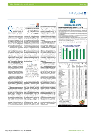 BOLETÍN INFORMATIVO NÚMERO XIV	

 ABRIL 2017
	

BOLETÍN INFORMATIVO DE NUEVA CANARIAS www.nuevacanarias.org
AC T UA L I D A D
Domingo, 9 de abril de 2017
27
Notable descenso de la coliflor que cotizó a 0,70 €/kg.
Precios en €/kg (origen: Provincia de S/C de Tenerife)
Fecha: PRECIO PRECIO PRECIO PRECIO
7/4/2017 Medio + frecuente + frecuente Variación + frecuente
semana 14 Habitual de SEMANA SEMANA semanal ÚLTIMO DÍA
TEMPORADA ANTERIOR ACTUAL Porcentual
AGUACATE FUERTE
AGUACATE HASS
FRESONES
LIMON COMÚN
NARANJA EXTRA PAIS
PIÑATROPICAL
PLATANOS PRIMERA
PAPAYA CUBANA
GUAYABOS
ACELGAS
BERENJENAS MORADAS
BUBANGOS
CALABACINES
CALABAZAS
CEBOLLA BLANCA
COLES REPOLLO
COLIFLOR
ESPINACAS
HABICHUELAS REDONDAS
LECHUGAS BATAVIA
PEPINOS
PIMIENTO VERDE
PIMIENTO ROJO
PUERROS
TOMATES DE SALSA
TOMATES DE ENSALADA
ZANAHORIA ( PRIMERA)
BATATAS BLANCAS
BERROS
PIÑAS MILLO
PAPA CARA
PAPA NEGRA
PAPA SLANEY
2,10 €
2,60 €
3,88 €
0,66 €
0,91 €
2,96 €
0,77 €
1,00 €
1,82 €
0,59 €
0,97 €
1,24 €
0,53 €
0,94 €
0,98 €
0,44 €
1,08 €
2,02 €
1,78 €
0,68 €
0,65 €
1,48 €
2,12 €
1,12 €
0,52 €
1,24 €
1,38 €
1,18 €
1,36 €
2,28 €
0,63 €
5,20 €
0,85 €
1,20 €
1,80 €
3,40 €
0,80 €
0,65 €
3,00 €
0,85 €
1,10 €
1,20 €
0,60 €
0,80 €
1,30 €
0,50 €
0,80 €
1,20 €
0,40 €
1,00 €
1,80 €
2,50 €
0,70 €
0,90 €
1,30 €
2,20 €
1,90 €
0,75 €
1,20 €
1,20 €
1,40 €
1,20 €
2,70 €
0,80 €
6,00 €
0,90 €
1,20 €
1,80 €
3,00 €
0,80 €
0,65 €
3,00 €
0,85 €
1,10 €
1,40 €
0,60 €
0,80 €
1,50 €
0,35 €
1,00 €
1,00 €
0,40 €
1,30 €
1,80 €
2,60 €
0,70 €
0,90 €
1,20 €
2,10 €
1,90 €
0,70 €
1,40 €
1,10 €
1,40 €
1,20 €
2,70 €
0,80 €
6,00 €
0,90 €
0%
0%
-12%
0%
0%
0%
0%
0%
17%
0%
0%
15%
-30%
25%
-17%
0%
30%
0%
4%
0%
0%
-8%
-5%
0%
-7%
17%
-8%
0%
0%
0%
0%
0%
0%
1,20 €
1,80 €
3,00 €
0,80 €
0,65 €
3,00 €
0,85 €
1,10 €
1,40 €
0,60 €
0,80 €
1,30 €
0,30 €
1,00 €
0,90 €
0,40 €
0,70 €
1,80 €
2,00 €
0,70 €
0,90 €
1,30 €
1,80 €
1,90 €
0,65 €
1,30 €
1,10 €
1,40 €
1,20 €
2,70 €
0,80 €
6,00 €
0,90 €
Más información en: http://www.mercatenerife.es
Productos recomendados
AGUACATES,FRESONES,NARANJAS,
GUAYABOS,BERENJENAS,CALABACINES,
COLIFLOR,LECHUGAS,ZANAHORIAS,BERROS…
Esta semana la Cesta de la Compra de los Productos Hortofrutícolas Locales,cotiza a 1,12 €/kg,
tan sólo 1 céntimo por debajo de la anterior.
En frutas hemos tenido pocos cambios, destacando la bajada de las fresas, que registran una
mejor entrada en las partidas locales, aunque la mayoría que se comercializa en Mercatenerife
es de origen peninsular.
Los guayabos muestran por su parte un movimiento algo menor esta semana,con ello su precio
se ha incrementado.
Bubangos y calabacines,vuelven a oscilar,aunque en sentidos opuestos,destacando el mínimo
de 0,30 €/kg, al que ha cotizado este último durante el viernes.
Es muy significativo el descenso de la coliflor, que ha llegado a cotizar a 0,70 €/kg, debido
fundamentalmente a la mayor oferta en esta semana, más del doble respecto a la anterior.
El buen tiempo parece favorecer también la oferta de habichuelas, cebollas y pimiento rojo,
reflejándolo en los precios, con ligeros descensos.
Se aprecia en la nave de producto local,una mayor oferta de tomates de calidad,tipo“ramillete”,
“capa negra”…, con ello el precio de este producto se ve algo incrementado.
En resumen, excepto las batatas, pepinos, puerros, piña de millo y papas, el resto presenta
precios acorde a la época o incluso por debajo.
ue se refieran solo a
territorios era más que
previsible, aunque la
soberanía popular, de
matriz rousseauniana, sea patrimo-
nio delosciudadanos,decadaciuda-
dano.
Quepresentencomo“contratoentre
todos”loquefueunameraimposición
delosclanesinsulares deUCD, tan
hegemónicosenlalegislatura1979-82
delCongresodelosDiputadosenla
queseelaboróyaprobóelEstatutode
Autonomía (UCD9,PSOE3,UPC1
escañosenrepresentacióndeCana-
rias) comodesconfiadosentreellos.
Que pretendan dar por sentado
quecualquier incrementodelarepre-
sentatividad poblacional del Parla-
mento (elprincipioconstitucionaldel
votoigualtiendeaqueelvotodecada
ciudadanotenga elmismovaloren la
composición del Parlamento)
aumentandoelpesodelasislasmás
pobladasesintentar“silenciaralresto”.
Queseatrevanasentardoctrina
sobrequeelsistemade“representati-
vidad territorial que actualmente
existe” (frutoalparecer,comolos“plei-
tosentrelasislas”, delafatalidadode
lasleyesdelanaturaleza) eslaúnica
fórmula de equilibrar territorio y
población, o creando dos Cámaras
concapacidadlegislativa;comosien
casitodoslossistemaselectoralesno
existieran aceptablesplusesderepre-
sentación de los territorios menos
pobladosfrente alpesoelectoraldelas
grandesurbesmetropolitanas.
Quepretendanotorgarlerangode
pactofundacionalalatripleparidad
olvidandoque,tantoenelEstatutoori-
ginalde1982comoenlareformade
1996, la distribución de diputados
entrelasIslasestáreguladaenunaDis-
posiciónTransitoria.Y,además,modi-
ficable sin necesidad de reformar el
Estatuto.
Queintentenescamotearnoscon
lenguajegrandilocuentequelasbarre-
raselectoralesactualmenteexistentes
“desnaturalizanlapropiacircunscrip-
cióninsular,queeslabasedelmismo
sistema electoral” (Exposición de
MotivosdelaProposicióndeLeypara
lademocratizacióndelsistemaelecto-
ralalParlamentodeCanarias,quepre-
senté en 2010 como portavoz del
Gruposocialistacanario),yaquehan
dejado fueradelParlamentoacandi-
daturasquerepresentabanacasiun
tercio de esa “realidad de cada isla”
que invocan los presidentes de los
cabildos. Que oculten deliberada-
mentequelasdescabelladasyantide-
mocráticasbarreraselectorales vigen-
tesfueronfijadasenlasCortesGenera-
les,sinqueenelParlamentocanario
rechistaranadie.Yqueestánpensadas
paraobligaralasagrupacionesinsula-
res a alistarse manu militari en una
Coalición Canaria bajo la batuta de
ATI,queeslalesdaelsalvoconducto
para entrar en el Parlamento por la
gatera conlosvotosdeTenerife(6%de
losvotosválidosemitidosenlatotali-
daddelaComunidadAutónoma).No
seaquelesvayaapasarloquelepasó
alPILen1999:queconel28.2%delos
votosdelosconejerosnoobtuvo niun
soloescañoenrepresentacióndeLan-
zarote,unadeesasrealidadesinsula-
res conlasquelosseñorespresiden-
tessellenanlaboca.
Queignorenaconcienciaquees
democráticamente inaceptableque,
porejemplo,laAgrupaciónGomera
Independienteobtuvieraen1983dos
escañoscon3.294votos(el0.6%del
total) o la Agrupación Socialista
Gomera en 2015 tres escaños con
5.094votos(otravez,elmismo0.6%),
mientras que Ciudadanos (53.981
votos,el6.0%)sequedesinrepresen-
tación parlamentaria en 2015, por
nombrarunsoloejemplo.Quecinco
señorespresidentesdecabildos(todos
deCoaliciónCanaria+CasimiroCur-
belo) construyan y proclamen un
solemne Manifiesto en defensa del
“equilibrioactual” abasedefalacias,
ocultaciones,“tercias”verdades -ni
siquiera medias verdades- solo
demuestraqueCoaliciónCanariase
ha echado al monte para impedir a
todacosta,inclusoacostadeincendiar
alaopiniónpúblicadelasIslas,quese
les puedan venir abajo los palos del
sombrajodesuRégimen.Esdecir, el
sistema electoral que fue diseñado
desdeladesconfianzaentrelasIslas,
desdeeldescreimientodelasélitestra-
dicionales enelobjetivodeconsolidar
a Canariascomocomunidadpolítica
ya loscanariosycanariascomo un
solopueblo.
Poresolespregunto-nohacefalta
quemecontestendesdelaCasaBor-
gesEstévanez,encuyostechosvene-
rables han tratado de guarecer su
demagogia- desde La Laguna: ¿por
quéhandesometerselosvotosdelos
canariosdecadaunadelasIslastan
dignamenterepresentadasporVues-
trasExcelenciasalaguillotinadel30%,
parapodersertomadosencuentaen
elrepartodeescaños querepresenta-
rán“larealidaddecadaIsla”enelPar-
lamento,sienlaseleccionesaloscabil-
dos insulares -órgano genuino de
representaciónygobiernodelaisla-
las barreras electorales son mera-
mentedel5%?
ConelEstatutoenlamano,elreco-
nocimientodelacircunscripcióninsu-
laresjurídicaypolíticamenteindiscu-
tible.Yasídebeseguirsiendo,enmi
opinión.PeronidelEstatuto,nidenin-
gúnconsensopolíticosurgióimpedi-
mentoalgunoparacrearunacircuns-
cripción electoral “regional”, no “en
lugarde”sino“alladode”lascircuns-
cripcionesinsulares.LodijeenlasCor-
tesGeneralesen1996ylomantengo.
Reconociendolanecesidaddelacir-
cunscripcióninsular -yespecialmente
para quienes, como los 4+1 señores
presidentesdeloscabildos,lacompo-
sición del Parlamento debe susten-
tarse exclusivamente a partir de la
“realidaddecadaisla”-nohayniun
soloargumento,niunosolo,quesos-
tenga la existencia de unas barreras
electoralessuperioresalasestableci-
das para la elección de los propios
cabildos. Alasactualesbarreras,que
desnaturalizanelpropioconceptode
circunscripcióninsular, sololassus-
tentaninteresespartidistas:elde ATI,
que es el de llevar por el ronzal a las
agrupaciones insulares. Y el de los
grandespartidos,porqueleshapermi-
tido obtenerescañosenrepresenta-
cióndela“realidadinsular”deunaisla,
dejandofueradelParlamentoaquie-
nes han obtenido más votos en esa
misma isla. Y eso es democrática-
menteintolerable.
Q
TRIBUNA
SANTIAGO PÉREZ
Cuatro presidentes
de cabildos de
CC+Casimiro
A LAS ACTUALES
BARRERAS, QUE
DESNATURALIZAN EL
PROPIO CONCEPTO DE
CIRCUNSCRIPCIÓN
INSULAR, SOLO LAS
SUSTENTAN INTERESES
PARTIDISTAS: EL DE ATI
 