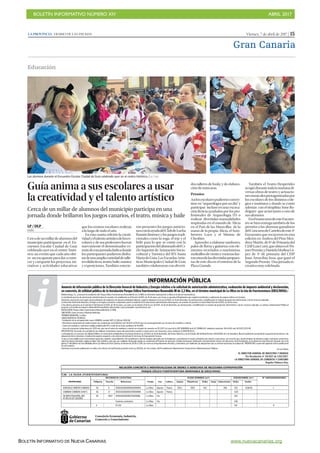 BOLETÍN INFORMATIVO NÚMERO XIV	

 ABRIL 2017
	

BOLETÍN INFORMATIVO DE NUEVA CANARIAS www.nuevacanarias.org
Viernes, 7 de abril de 2017 | 15LA PROVINCIA | DIARIO DE LAS PALMAS
Gran Canaria
Guía anima a sus escolares a usar
la creatividad y el talento artístico
Cerca de un millar de alumnos del municipio participa en una
jornada donde brillaron los juegos canarios, el teatro, música y baile
LLP / DLP
GUÍA
Cercadeunmillardealumnosdel
municipio participaron en el En-
cuentro Escolar Ciudad de Guía
celebrado ayer en el centro histó-
rico, un evento que cada año ofre-
ce un escaparate para dar a cono-
cer y compartir los proyectos, ini-
ciativas y actividades educativas
que los centros escolares realizan
a lo largo de todo el año.
En esta cuarta edición la creati-
vidadyeltalentoartísticodeloses-
colares y de sus profesores fueron
nuevamente el denominador co-
múndeestajornadalúdicadonde
los participantes pudieron disfru-
tardeunaampliavariedaddetalle-
resdidácticos,teatro,baile,música
y exposiciones. También estuvie-
ron presentes los juegos autócto-
nosconlaayudadelClubdeLucha
RamónJiménezylosjuegostradi-
cionales como la soga, el teje y el
brilé para lo que se contó con la
participacióndelalumnadodelCi-
clo Superior de Animación Socio-
cultural y Turística del IES Santa
MaríadeGuía.LasEscuelasArtís-
ticas Municipales Ciudad de Guía
también colaboraron con diverti-
Los alumnos durante el Encuentro Escolar Ciudad de Guía celebrado ayer en el centro histórico. | LP / DLP
Educación
dos talleres de funky y de elabora-
ción de máscaras.
Premios
Asílosescolarespudieronconver-
tirse en “arqueólogos por un día” y
participar incluso en una excava-
ción ficticia ayudados por los pro-
fesionales de Arqueología D3 o
realizar divertidas manualidades
inspiradas en el mundo de Alicia
en el País de las Maravillas de la
mano de la propia Alicia, el Som-
brerero Loco y el Minino de
Cheshire.
Aprender a elaborar tambores,
palos de lluvia y guitarras con ele-
mentos reciclados o marionetas,
molinillosdevientoycometasfue-
ronotrasdelasdivertidaspropues-
tas de este día en el entorno de la
Plaza Grande.
También el Teatro Hespérides
acogiódurantetodalamañanadi-
versas obras de teatro y actuacio-
nesmusicalesprotagonizadaspor
los escolares de los distintos cole-
gios e institutos y donde se contó
además con el timplista Yone Ro-
dríguez que actuó junto a uno de
sus alumnos.
EneltranscursodeesteEncuen-
tro se hizo entrega también de los
premios a las alumnas ganadoras
delConcursodeCartelesdeeste4º
Encuentro que recayeron en esta
edición en Andrea del Pino Men-
doza Martín, de 6o
de Primaria del
CEIPLuisCortí,queobtuvoel Pri-
merPremio;yDanielaMedinaLó-
pez de 4º de primaria del CEIP
Juan Arencibia Sosa, que ganó el
SegundoPremio. Unajornadare-
creativa muy celebrada.
 