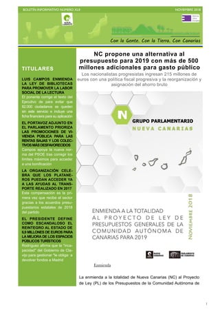 BOLETÍN INFORMATIVO NÚMERO XLII NOVIEMBRE 2018
!1
La enmienda a la totalidad de Nueva Canarias (NC) al Proyecto
de Ley (PL) de los Presupuestos de la Comunidad Autónoma de
TITULARES
LUIS CAMPOS ENMIENDA
LA LEY DE BIBLIOTECAS
PARA PROMOVER LA LABOR
SOCIAL DE LA LECTURA
El ponente corrige el texto del
Ejecutivo de para evitar que
82.000 ciudadanos se queden
sin este servicio e incluye una
ficha financiera para su aplicación
EL PORTAVOZ ADJUNTO EN
EL PARLAMENTO PRIORIZA
LAS PROMOCIONES DE VI-
VIENDA PÚBLICA PARA LAS
RENTAS BAJAS Y LOS COLEC-
TIVOSMÁSDESFAVORECIDOS
Campos apoya la nueva nor-
ma del PSOE tras corregir los
límites máximos para acceder
a una bonificación
LA ORGANIZACIÓN CELE-
BRA QUE LOS PLATANE-
ROS PUEDAN ACCEDER YA
A LAS AYUDAS AL TRANS-
PORTE REALIZADO EN 2017
Esta compensación es la pri-
mera vez que recibe el sector
gracias a los acuerdos presu-
puestarios estatales de 2018
del partido
EL PRESIDENTE DEFINE
COMO ESCANDALOSO EL
REINTEGRO AL ESTADO DE
6,9 MILLONES DE EUROS PARA
LA MEJORA DE LOS ESPACIOS
PÚBLICOS TURÍSTICOS
Rodríguez afirma que la "inca-
pacidad" del Gobierno de Cla-
vijo para gestionar "le obliga· a
devolver fondos a Madrid
NC propone una alternativa al
presupuesto para 2019 con más de 500
millones adicionales para gasto público
Los nacionalistas progresistas ingresan 215 millones de
euros con una política fiscal progresiva y la reorganización y
asignación del ahorro bruto
Enmienda
 