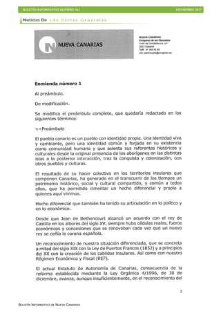 BOLETÍN INFORMATIVO NÚMERO XLI NOVIEMBRE 2017
BOLETÍN INFORMATIVO DE NUEVA CANARIAS
Noticias De L a s C o r t e s G e n e r a l e s
 