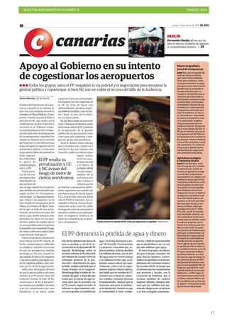 BOLETÍN INFORMATIVO NÚMERO X	

 MARZO 2016
	

17
jueves, 10 de marzo de 2016 EL DÍA10
canarias
Álvaro Morales, S/C de Tenerife
El pleno del Parlamento de Cana-
rias se reanudó en la mañana de
ayer con una comparecencia de la
consejeradeObrasPúblicasyTrans-
portes, Ornella Chacón (PSOE), a
petición de NC, que acabó con la
confirmación de que el Ejecutivo
recurrirá en el Tribunal Consti-
tucional la sentencia de la Audien-
cia Nacional sobre la privatización
de los aeropuertos y estudiará los
resquicios abiertos por la reciente
del Supremo (10 de febrero) para
tratar de lograr la cogestión de los
aeródromos isleños. Lo hará pese
a que ambos fallos derrumban las
tesis regiona-
les, si bien tiene
el apoyo de
todoslosgrupos
salvo el PP.
Fue la porta-
voz de los con-
servadores,Aus-
traliaNavarro,la
que advirtió de
que se siga usando la vía judicial
paraderribarunaprivatizaciónque,
según recalcó, es “escrupulosa-
mente legal”. La diputada subrayó
que, frente a los augurios, no se
han cerrado los aeropuertos de La
Palma,LaGomeraoElHierro.Insis-
tió en que se trata de una priva-
tización minoritaria (aunque del
49%) y que, desde entonces, han
mejorado los datos en los aeró-
dromos, aparte de resaltar que el
recurso perdido ante el Supremo
lesupondráalaComunidadelpago
decostas(4.000euros,segúnaclaró
luego Román Rodríguez).
Todos los grupos se mostraron
muy críticos con el PP. Chacón, de
hecho,concluyóqueseconfirmaba
su soledad y coincidió con el resto
en que los aeropuertos resultan
estratégicos. Por eso, insistió en
quetratarándebuscarlosresquicios
yopcionesjurídicasparalograrcuo-
tas de cogestión pública, pero, ade-
más, por la vía de la negociación.
Sobre esto, Rodríguez advirtió
de que la opción política solo tiene
sentido si el PP queda fuera del
Gobierno central. El líder de NC
recalcó que 4 de los 8 aeropuer-
toscanariossonrentablesylosotros
4 se ven compensados por esos
beneficios. A su juicio, quien
comenzó el proceso privatizador
fue Zapatero por las exigencias de
la UE en 2010 de hacer una
reforma laboral y privatizar empre-
saspúblicasrentables,comolalote-
ría y Aena, ya que, de lo contra-
rio, no interesarían.
Enunalíneasimilarsepronunció
Juan J. Márquez (Podemos), quien
lanzódurascríticasalPPypresentó
la recuperación de la gestión
pública de los aeropuertos como
clave para más soberanía e inte-
gración de las islas periféricas.
Jesús R. Ramos (ASG) subrayó
que La Gomera solo cuenta con 2
aviones al día que enlazan con
Tenerife y pidió un esfuerzo para
lograr vuelos
internaciona-
les para esta isla
y El Hierro. El
socialistaGabriel
Corujo respon-
sabilizó de la
privatización
solo a Rajoy y
censuró que no
se limitase a aeropuertos defici-
tarios, argumento que explotó con
más fuerza Juan M. García Ramos
(CC), si bien dejó claro que había
sido el PSOE el iniciador. Eso sí,
respaldó a Chacón, censuró la pri-
vatización, avisó, como NC, sobre
el riesgo de cierre de aeropuertos
menores y mostró su escepticismo
ante la exigencia histórica de
tener las competencias en puer-
tos y aeropuertos. Chacón remarcó la soledad del PP y dijo que negociarán la cogestión./ MARÍA PISACA
Educar en igualdad y
portal de transparencia
Pese a que el segundo día
suele ser menos sustancial,
ayer hubo mucho contenido.
Entre otras cuestiones, todos
los grupos mostraron su apoyo
al programa para educar para la
igualdad que ha preparado la
consejería de Educación. La
consejera, Soledad Monzón, in-
cluso tuvo que interrumpir su
intervención, al sentirse un tan-
to desbordada y emocionada,
reanudándola después de que
se analizara el nuevo portal de
transparencia estrenado el pa-
sado 24 de febrero. En este ca-
so, Aarón Afonso, responsable
de Justicia y Presidencia, resal-
tó la modernidad, simplifica-
ción para personas poco ins-
truidas en internet, discapacita-
dos y otras ventajas del sitio. El
PP, por el contrario, puso en du-
da la apuesta real del PSOE por
la transparencia tras rechazar la
ley nacional, mientras Podemos
echa en falta contenidos mucho
más relevantes y CC resalta los
avances pero lamenta que las
retribuciones de cargos sea lo
más consultado hasta ahora.
Agricultura ecológica
y camareras de piso
Narvay Quintero, a peti-
ción de su grupo (CC), también
compareció para resaltar los
avances en agricultura ecológi-
ca en las Islas, la apuesta por
ecocomedores en colegios y las
medidas de apoyo para el futu-
ro de estos productores. La ma-
yoría de grupos se mostraron
de acuerdo con este respaldo,
pero Podemos censuró la in-
congruencia de que se hable de
ecología tras respaldarse la pe-
tición del Cabildo palmero de
reactivar un turismo que creen
de masas para esa isla, La Go-
mera y La Palma, visión que
contrasta con la de CC, PSOE,
PP y ASG, con NC en una posi-
ción intermedia. Además, vol-
vió a constatarse la casi unani-
midad sobre las medidas contra
la violencia de género, por lo
menos en la censura, pues tam-
bién se criticó al PP. Se apoyó
una iniciativa de Podemos para
pedir que la endometriosis (en-
fermedad de la mujer que pue-
de impedir la maternidad) sea
incluida entre las incapacitan-
tes en algunos de sus 4 grados;
se aprobó una PNL de todos so-
bre sanidad mortuoria y una del
PP sobre Autoridad de Bienes-
tar Animal. Además, se criticó
de nuevo la carga de trabajo de
las camareras de piso (el 30%
del personal del turismo), esta
vez con una respaldada PNL de
Podemos, que habló de “escla-
vitud de menos de un euro por
habitación”, y el PSC logró (no
sin encontronazos entre Caroli-
na Darias y Gustavo Matos, am-
bos socialistas) que se pida que
el “papel 0” en la justicia se apli-
que de forma más pausada.
BERLÍN
Fernando Clavijo afirma que las
Islas se marcan el objetivo de afianzar
la competitividad turística. 13
Apoyo al Gobierno en su intento
de cogestionar los aeropuertos
Todos los grupos, salvo el PP, respaldan la vía judicial y la negociación para recuperar la
gestión pública y coparticipar, si bien NC solo ve viable el recurso del fallo de la Audiencia.
El PP resalta su
privatización y CC
y NC avisan del
riesgo de cierre de
ciertos aeródromos
Uno de los debates más duros de
ayer se produjo a raíz de la in-
tervención de la diputada del PP
Águeda Montelongo sobre el
reciente informe de fiscalización
del Tribunal de Cuentas sobre las
entidades gestoras de la pro-
ducción y distribución de agua
potable, análisis solicitado por el
Grupo Popular en el Congreso.
Montelongo llegó a hablar de “es-
cándalodelagua”yhastadijoque
temía que se tratase de algo in-
cluso peor que lo ocurrido con
la TV canaria. Según recordó, el
informe es especialmente críti-
co con la gestión y la pérdida de
agua “en el mar, barrancos o ace-
ras” de Tenerife, Fuerteventura
y Lanzarote. Unas islas que, se-
gún el análisis, habrían perdido
142millonesdeeuros,conun37%
del agua total en Fuerteventura
y 30 millones en este caso. La di-
putada conservadora fue espe-
cialmente crítica con el expre-
sidente majorero Mario Cabrera,
que habló ayer en nombre de CC,
censuró que se hicieran contra-
tos verbales, enumeró diversas
irregularidades, insinuó que la
situación será peor al analizar-
se la desalación, insistió en que
la Comunidad sí tiene compe-
tencias y tildó de impresentable
que se pierda dinero así y se exi-
jan más millones para agua.
El resto de grupos, encabeza-
dos por el propio consejero del
área, Narvay Quintero, contex-
tualizó las pérdidas en el incum-
plimiento del convenio estatal y
los recortes del PP, al tiempo que
recalcaron que las competencias
son insulares y locales, con la
excepción de Podemos, que sí
reclama medidas de carácter
regional. Además, Quintero sub-
rayó que los cabildos han pre-
sentado alegaciones al informe
y ya han corregido cuestiones.
El PP denuncia la pérdida de agua y dinero
 