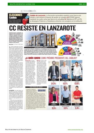 BOLETÍN INFORMATIVO NÚMERO XVIII	

 ABRIL 2015
	

BOLETÍN INFORMATIVO DE NUEVA CANARIAS www.nuevacanarias.org
TEMADELDÍA2
RESULTADOS
MAYO 2011
RRRRESULTADOS
MAYO 2011
CC
31,3%
PP
22,3%
9
6
PSOE
15,7%
4
PIL
12,7% 3
AC
5,1% 1
NC
4,2% 0
Resto
8,7%
ESTIMACIÓN
DE CONSEJEROS
EEEEEEESTIMACIÓN
DE CONSEJEROS
PP
14-15%
CC
27-28%
7-8
3-4
PSOE
14-15%
3-4
C’s
7-8% 1-2
Resto
9-10%
NC
6-7% 1-2
PODEMOS
13-14%
3-4
PIL
7-8%
1-2
CC RESISTE EN LANZAROTE
C7
La lista encabezada por Pedro
San Ginés seguirá siendo la
más votada, acaparando el 28%
de los votos. Solo un 3% menos
que en las elecciones de 2011. El
grupo nacionalista sostiene me-
jor el tipo ante el descenso natu-
ral que están teniendo todos los
partidos, especialmente el Parti-
do Popular y el histórico PIL. No
obstante, con este resultado, que
le da entre siete y ocho conseje-
ros, los nacionalistas se queda-
rían como mínimo a cuatro actas
de la mayoría absoluta.
Como sucede en la mayoría
del escenario regional, lo que la
encuesta elaborada por Perfiles
viene a concretar es el acceso de
Ciudadanos y Podemos a la insti-
tución. Podemos, que encabeza
su lista electoral con Carlos
Meca, entraría con fuerza su-
mando entre tres y cuatro conse-
jeros gracias al 14% de los votos.
Por su parte, Ciudadanos, con el
8% de los votos, estaría en el Ca-
bildo de Lanzarote con uno o dos
consejeros, los mismos que pue-
de sumar Nueva Canarias.
Si se repitiera el pacto con el
que se abrió el mandato actual,
entre Coalición y Partido Socia-
lista, se sumarían los consejeros
necesarios para dar la mayoría.
El PSOE logra mantenerse sobre
un número de cuatro consejeros
en el sondeo, los mismos que
consiguió en los comicios prece-
dentes.
EXTINCIÓN. Con estos datos, los
partidos que más erosionados
llegan a las elecciones son el Par-
tido Popular, que perdería de dos
a tres consejeros y el PIL, que de-
jaría de contar con tres asientos
en el Cabildo para quedarse con
solo uno o dos, pasando del 13%
al 7%.
Esto sería un varapalo durísi-
mo para el partido asociado in-
defectiblemente a la figura de Di-
mas Martín , que perdería prác-
ticamente toda su relevancia en
una institución en la que era
una organización de mucho peso
tradicionalmente. Sin embargo,
el auge de nuevas marcas como
Somos, le resta crédito.
PEDRO
SAN GINÉS
JOSÉ JUAN
CRUZ SAAVEDRA
CC
21,5%
PSOE
15,1%
PODEMOS
13,6%
Coalición Canaria mantendría su
estatus de fuerza mayoritaria en el
Cabildo de Lanzarote dentro de un
escenario cambiante en el esquele-
to político de la corporación. El son-
deo del Instituto Perfiles para CA-
NARIAS7 y Diario de Avisos expone
que el partido nacionalista solo per-
dería un consejero, aminorando el
impacto de otras fuerzas.
DAVID OJEDA / LAS PALMAS DE GRAN CANARIA
CARLOS
MECA
PP
9,5%
SARAY
RODRÍGUEZ
¿A QUIÉN QUIERE COMO PRÓXIMO PRESIDENTE DEL CABILDO?
ELECCIONES
Cabildo
Cabildo de Lanzarote. La formación nacionalista repetiría como fuerza más
votada y solo notaría el impacto de perder un consejero >>El PSOE lograría
mantener las cuatro actas que tiene en la actualidad >> Mientras el PP y el PIL
se desangran, Podemos y Ciudadanos entrarían con consejeros en la institución
NUEVACANARIAS
3,5%
CIUDADANOS
2,4%
FICHA TÉCNICA DEL SONDEO
La muestra se realizó con
3.000 encuestas telefónicas
realizadas entre el siete y el
veinte de abril de este año. Del
total de entrevistas, 800 se realizaron en Gran Ca-
naria y otras 800 en Tenerife. En Lanzarote, La Pal-
ma y Fuerteventura se entrevistó a 400 personas en
cada una de ellas, además de 100 en La Gomera y
otras 100 en El Hierro. Este diseño muestral posibili-
ta la obtención de datos con un error máximo, para
datos a nivel regional, del +-1,8%, con un intervalo
de confianza del 95,5%. Los individuos encuestados
fueron seleccionados mediante la aplicación de cri-
terios estrictamente aleatorios. Para evitar sesgos y
desviaciones en la estructura de la muestra también
fue aplicado un sistema corrector, mediante cuotas
preestablecidas, para las variables de sexo y edad.
La cumplimentación del formulario requirió un tiem-
po medio de diez minutos.
I Valorado. El actual
presidente del Cabildo de
Lanzarote, Pedro San Gi-
nés, es el favorito de los
encuestados en Lanzarote
como presidente del Ca-
bildo de la isla, posición
que ocupa en la actuali-
dad. El candidato de Coa-
lición Canaria saca bas-
tante diferencia al si-
guiente nombre más des-
tacado dentro del trabajo
elaborado por el Instituto
Perfiles, el nombre que li-
dera la candidatura del
Partido Socialista, José
Juan Cruz Saavedra. San
Ginés revalidará, aten-
diendo a la encuesta, el
gobierno de la institución
conejera en el que está en
este mandato.
I Auge. El tercer candi-
dato que cuenta con un
mayor grado de acepta-
ción entre los sondeados
en Lanzarote es el candi-
dato de Podemos, Carlos
Meca. El joven político
lanzaroteño es el que más
peso tiene entre los nom-
bres que aspiran a gober-
nar la institución. Sin em-
bargo, en la otra marca
que presume de formar
parte de la regeneración
política, Ciudadanos, su
candidato no tiene tanto
en tirón en la Isla. Benja-
mín Perdomo, represen-
tante de la formación de
Albert Rivera, solo es pre-
ferido por el 3,6% de los
encuestados en la isla de
Lanzarote.
La aparición de Podemos y Ciudadanos, y la posibilidad de que Nueva Canarias
consiga entre uno y dos consejeros, hacen que el Cabildo de Lanzarote pase de
estar representado por siete fuerzas en lugar de cinco, como sucedió en las elec-
ciones de 2011. En aquella ocasión, con el 5,1% de los votos, Asamblea Ciudadana
25 de mayo consiguió un acta en la corporación. Una presencia que ahora iría a
ocupar el 10% de los votos que se repartirá entre fuerzas sin peso en el Cabildo.
DE CINCO A SIETE FUERZAS
Pedro San Ginés y su partido re-
ducen la agresión de los nuevos
partidos y apenas pierden peso
en la corporación conejera.
BENJAMÍN
PERDOMO
JOSÉ MANUEL
SOSA
 