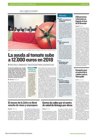 BOLETÍN INFORMATIVO NÚMERO XXII	

 JUNIO 2016
	

BOLETÍN INFORMATIVO DE NUEVA CANARIAS www.nuevacanarias.org
CANARIAS 7. SÁBADO 4 JUNIO 2016
GRAN CANARIA
20
Los propietarios de las 700 hectáreas
que en la actualidad se dedican al
cultivo del tomate canario para la ex-
portación, recibirán en 2018 una ayu-
da por cada una de 12.000 euros, lo que
supone un aumento respecto a los
11.000 de este año y de 2017 por el mis-
mo concepto. Así lo avanzó ayer el jefe
del servicio de Análisis y coordina-
ción de la Consejería de Agricultura
del Gobierno canario, Fernando Segu-
ra, en el primer día de las jornadas por
el 130 aniversario del Tomate Canario
de Exportación. Este evento, que orga-
INVITAN A INNOVAR E INVESTIGAR PARA DIVERSIFICAR
Laayudaaltomatesube
a12.000eurosen2018
C7
El nuevo plan estratégico para el tomate
canario de exportación recoge una subida
de las ayudas por hectárea que va de los
11.000 euros de este año y 2017 a los
12.000 de 2018, según avanzó el Gobier-
no canario ayer en las jornadas de la Fe-
dex por el 130 aniversario que se celebran
hasta hoy en Vecindario. Diversificar y
aprovechar el turismo, alternativas.
M.J. PALLARÉS / SANTA LUCÍA
PRODUCTOS
EN HOTELES
En las jornadas, el
investigador del
CSIC Tomás Gar-
cía, dijo que más
que aumentar la
exportación del
tomate, hay que
buscar un equili-
brio diversifican-
do y aprovechan-
do el potencial tu-
rístico. Propuso
por ejemplo, orga-
nizar jornadas con
productos cana-
rios en hoteles
donde más britá-
nicos se hospedan
para que los co-
nozcan.
POTENCIAL niza la Fedex en el Ateneo de Vecinda-
rio hasta hoy, fue inaugurado por el
presidente del Cabildo, Antonio Mora-
les, que apostó por apoyarse en la intro-
ducción de nuevas tecnologías, innova-
ción e investigación para sustituir las
actividades del tomate, «que aún tiene
posibilidades enormes».
Segura dio a conocer el avance del
plan estratégico que está en ejecución
para un sector que ha pasado de culti-
var 3.400 hectáreas en 2.000 a las 720 ac-
tuales y en el que solo entre el 20 y el
25% de las explotaciones tienen las es-
tructuras adecuadas. Adelantó que se
está llevando a cabo un estudio porme-
norizado de la situación que incluye a
la competencia y la importancia so-
cioeconómica de la actividad. Sostie-
nen reuniones desde enero de este año
con los representantes del sector «para
adoptar las medidas que completen el
plan», dijo. Indicó que además de las
ayudas, se abordará el problema de es-
tructuras y medidas de financiación y
otras para la adecuación del sector.
Acto. Morales invitó a apoyarse en nuevas tecnologías, innovar e investigar para sustituir la actividad tomatera.
I GÁLDAR
Visitas al yacimiento de
La Guancha
La Concejalía de Cultura,
Fiestas y Patrimonio Histó-
rico del Ayuntamiento de
Gáldar, ha abierto el plazo de
inscripción para disfrutar
de las visitas guiadas al yaci-
miento de esta zona de El
Agujero, programadas con
motivo del Festival Musical
La Guancha 2016 que se cele-
bra los días 10 y 11 de junio.
Se trata de una actividad
complementaria a los con-
ciertos.
Maresía
I GÁLDAR
Gala en busca de la
mejor voz
Por tercer año consecutivo,
dentro de las fiestas de San-
tiago, se celebrará la gala
musical Voces de Gáldar, en
la que en esta ocasión se ele-
girá la mejor voz del munici-
pio. Los interesados en par-
ticipar deben inscribirse en
la Casa del Capitán Quesada
en horario de mañana y has-
ta el día 1 de julio, o bien lla-
mando al teléfono 928 551090.
I TEROR
Inscripciones para
‘Verano Deporte’
La Concejalía de Deportes
ha abierto el plazo de ins-
cripción para las actividades
de los meses de junio, julio y
agosto dentro del programa
Verano Deporte 2016. El pro-
grama incluye torneos de
distintas modalidades de-
portivas, clínic, campus de
verano y curso de patinaje
sobre ruedas.
I VALLESECO
Encuentro folclórico
Zumacal Los Amigos
Hoy, a las 20.30 horas, en la
Plaza de San Vicente Ferrer,
séptima edición del Festival
Folclórico Zumacal los Ami-
gos, con la participación de
cuatro grupos de la Isla, A.F.
Bucio (Arucas), la A.F. Cen-
dro (Telde), y las agrupacio-
nes folclóricas de Valleseco
Abenechara y Zumacal Los
Amigos.
CANARIAS7 / AGÜIMES
I El Ayuntamiento de Agüi-
mes ejecuta la última fase de la
obra de ampliación de pluvia-
les calle Juan de Austria que se
concentrará en la avenida del
Faro, en los alrededores del
consultorio médico de la Playa
de Arinaga. Así, desde el lunes
se cortan al tráfico, durante
diez días, las calles García de
Toledo con Paseo del Faro, has-
ta la calle Feijoo de Sotomayor
(tramo de obra junto al acceso
del Consultorio Médico de Pla-
ya de Arinaga). Se habilitará
un desvío provisional próximo
al corte que permita el acceso
de guaguas y camiones.
Cortesdecallesporelcentro
desaluddeArinagaporobras
CANARIAS7 / SANTA LUCÍA
I Trece bodegas del Consejo Re-
gulador de la Denominación de
Origen Gran Canaria con sus di-
ferentes caldos, cinco locales de
restauración y una pastelería
participaron anoche en la segun-
da edición de Noche de Vinos y
Enyesques, celebrada ante nume-
roso público en el Museo La Za-
fra y que también ofreció música
de parrandas para ambientar la
velada. La jornada, que comenzó
a partir de las 20.00 horas y se de-
sarrolló hasta pasada la media-
noche, también ofreció la opor-
tunidad de visitar el Museo La
Zafra, que mantuvo sus puertas
abiertas de forma gratuita.
ElmuseodelaZafrasellenó
anochedevinosyenyesques
CANARIAS7 / INGENIO
I Unas 220 personas partici-
paron ayer en una actividad
de reforestación en el Área
Recreativa El Oronado, en el
Barranco de Guayadeque, con
el fin de celebrar el Día Mun-
dial del Medio Ambiente 2016.
La actividad estuvo organiza-
da por los Centros de Día de
Rehabilitación Psicosocial de
Gran Canaria (los cuales for-
man parte de los dispositivos
sociosanitarios del IASS del
Cabildo y del Servicio Cana-
rio de Salud) y la Fundación
Foresta contando con la cola-
boración con el Ayuntamien-
to de Ingenio, la Fundación
Cajamar Canarias, el Cabildo
de Gran Canaria y diversas
empresas patrocinadoras.
Además de agradecer la im-
plicación de las entidades co-
laboradoras, el director del
Programa Insular de Rehabi-
litación Psicosocial de Gran
Canaria, Rafael Touriño, des-
tacó la gran importancia por
su carácter de concienciación
hacia el cuidado del medio
ambiente pero también por la
inclusión y participación de
los diferentes colectivos.
220personas
reforestanen
Ingenioelárea
deElOronado
C. G. O. / VALSEQUILLO
I La plaza de San Roque, en
Valsequillo, será hoy el punto
de encuentro de la campaña
de voluntariado para el con-
trol de la culebra real de Cali-
fornia en Gran Canaria. Las
jornadas comenzaron el pa-
sado sábado entre Telde y
Valsequillo, donde se captu-
raron 19 ejemplares, y se ex-
tenderán hasta julio.
Las acciones se realizarán
este año tanto en el núcleo
principal situado en los ba-
rrios de San Roque (Valsequi-
llo) y La Solana (Telde), como
en el núcleo secundario en el
Monumento Natural de Mon-
taña de Amagro. Este año se
plantean también alguna ac-
tuación en Montaña La Data,
en San Bartolomé de Tiraja-
na, donde puede llegar a re-
gistrarse un tercer núcleo de
la especie invasora.
Las batidas de voluntarios
serán de 8.00 a 14.00, salvo
que por las condiciones cli-
matológicas se decida cam-
biar al horario de tardes. Las
próximas citas serán el 18 de
junio, en Gáldar, y el 2 de ju-
lio en Telde y Valsequillo.
Campañapara
elcontroldela
culebrarealen
Valsequillo
 