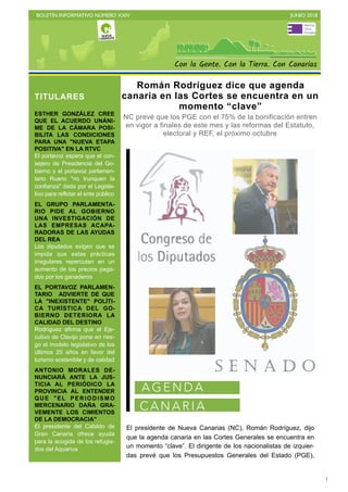 BOLETÍN INFORMATIVO NÚMERO XXIV JUNIO 2018
!1
El presidente de Nueva Canarias (NC), Román Rodríguez, dijo
que la agenda canaria en las Cortes Generales se encuentra en
un momento “clave”. El dirigente de los nacionalistas de izquier-
das prevé que los Presupuestos Generales del Estado (PGE),
TITULARES
ESTHER GONZÁLEZ CREE
QUE EL ACUERDO UNÁNI-
ME DE LA CÁMARA POSI-
BILITA LAS CONDICIONES
PARA UNA "NUEVA ETAPA
POSITIVA" EN LA RTVC
El portavoz espera que el con-
sejero de Presidencia del Go-
bierno y el portavoz parlamen-
tario Ruano "no trunquen la
confianza" dada por el Legisla-
tivo para reflotar el ente público
EL GRUPO PARLAMENTA-
RIO PIDE AL GOBIERNO
UNA INVESTIGACIÓN DE
LAS EMPRESAS ACAPA-
RADORAS DE LAS AYUDAS
DEL REA
Los diputados exigen que se
impida que estas prácticas
irregulares repercutan en un
aumento de los precios paga-
dos por los ganaderos
EL PORTAVOZ PARLAMEN-
TARIO ADVIERTE DE QUE
LA "INEXISTENTE" POLÍTI-
CA TURÍSTICA DEL GO-
BIERNO DETERIORA LA
CALIDAD DEL DESTINO
Rodríguez afirma que el Eje-
cutivo de Clavijo pone en ries-
go el modelo legislativo de los
últimos 25 años en favor del
turismo sostenible y de calidad
ANTONIO MORALES DE-
NUNCIARÁ ANTE LA JUS-
TICIA AL PERIÓDICO LA
PROVINCIA AL ENTENDER
QUE "EL PERIODISMO
MERCENARIO DAÑA GRA-
VEMENTE LOS CIMIENTOS
DE LA DEMOCRACIA"
El presidente del Cabildo de
Gran Canaria ofrece ayuda
para la acogida de los refugia-
dos del Aquarius
Román Rodríguez dice que agenda
canaria en las Cortes se encuentra en un
momento “clave”
NC prevé que los PGE con el 75% de la bonificación entren
en vigor a finales de este mes y las reformas del Estatuto,
electoral y REF, el próximo octubre
A GEN DA
C ANA R IA
 