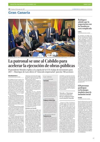BOLETÍN INFORMATIVO NÚMERO XX	

 MAYO 2017
	

57
10 | Viernes, 19 de mayo de 2017 LA PROVINCIA | DIARIO DE LAS PALMAS
Gran Canaria
JJesús Montesdeoca
LAS PALMAS DE GRAN CANARIA
El Cabildo de Gran Canaria y los
empresarios harán un frente co-
mún para que las obras públicas
del Plan Transforma se puedan
ejecutar en los plazos previstos.
Tras dar por cerrada la polémica
sobrelapujanzaeconómicaypo-
lítica de Gran Canaria en compa-
raciónconTenerife,ambaspartes
coincidieron en que la Isla es el
principal motor en el desarrollo
del Archipiélago y la va a seguir
siendo en el futuro.
Elpresidentedelgobiernoinsu-
lar,AntonioMorales,presentóayer
suplandeinversionesde2017ala
ConfederaciónCanariadeEmpre-
sarios(CCE)delaprovinciadeLas
Palmas,cuyadirectivasecompro-
metió a apoyar al Cabildo en la rá-
pidaejecucióndelas700actuacio-
nes previstas.
Enunareunióndehoraymedia
en la sede de la patronal, Morales
explicó las principales inversio-
nes incluidas en el Plan Transfor-
ma, dotado con 244 millones de
euros, para reactivar la economía
delaIslaconobraspúblicasenlos
21 municipios.
Al término, el presidente de la
CCE, Agustín Manrique de Lara,
calificó el encuentro de “positivo”
y expresó la voluntad de trabajar
de forma conjunta con el Cabildo
para agilizar esas inversiones. “El
presidente Morales nos ha ex-
puestounavezmáselPlanTrans-
formaynosotroshemosreiterado
nuestraabsolutapredisposicióny
nuestra invitación a colaborar en
su ejecución, que es complicada
por los plazos”, declaró Manrique
deLara,quiensemostró“conven-
cidodequesinelmúsculoempre-
sarialgrancanarioseríamuydifícil
llegar a un alto porcentaje en la
ejecución de las obras”.
Moralesdijoquehanotado“re-
ceptividad y ganas de colaborar”
porpartedelosrepresentantesde
la patronal. “Vamos a sumar es-
fuerzos para sacar adelante estas
inversiones y, sobre todo, hemos
habladodecómopuedenpartici-
par las empresas canarias en es-
te plan”, apuntó.
Manrique de Lara y Morales
también dieron por olvidadas las
discrepancias de los últimos me-
ses sobre la pujanza de la econo-
míadeGranCanariafrentealade
Tenerife.“Yocreoqueestáabsolu-
tamente claro el predominio em-
presarial de Gran Canaria respec-
to a cualquier otra isla en activida-
des económicas, pago de impues-
tos o dotaciones a la RIC; la venta-
jaesmuyclara”,consideróelmáxi-
mo dirigente de la CCE.
Polémica con Tenerife
“Pero nos preocupa -añadió- que
muchas instituciones, incluso al-
gunas que tienen su sede y debe-
rían estar en Gran Canaria, se ha-
yantrasladadoaTenerifeytengan
allísuscentrosdedecisiones;tam-
biénnospreocupalafaltadegran-
canarios en la oficina de la Comu-
nidadAutónomaenBruselasyque
laZECestémuyvolcadahaciaTe-
nerife”. Todas esas cuestiones, in-
sistióManriquedeLara,“sedeben
ir resolviendo de forma conjunta
y con el liderazgo del Cabildo.
Porsuparte,Moralessostuvoha
sidomásunapolémicaenlosme-
dios de comunicación que en la
realidad. “Había una opinión del
CírculodeEmpresariosquenadie
contradice,yesquehaymásturis-
moenTenerife,peroesoresponde
aotrotipodecosas;elinformedel
Círculo decía que los indicadores
económicos de un año y medio
para acá son todos absolutamen-
te positivos, que es lo que han di-
cho también los empresarios en
esta reunión, no hay ninguna du-
da de que esta isla sigue siendo el
motor económico del Archipiéla-
go”, puntualizó.
Respecto al Plan Transforma,
Moralesexplicóalosempresarios
que “el Cabildo por sí solo no tie-
ne capacidad para ejecutar un
plan de esta envergadura dado
quesucesivasnormativashanido
vaciando a la administración pú-
blica de personal y solo permite
sustituir dos de cada diez trabaja-
dores, de modo que apenas em-
plea el 15% de su presupuesto en
personal,loquealamarañaburo-
crática suma un embudo que su-
pone un obstáculo a superar”.
El Cabildo prepara convenios
con diversas entidades, a las que
traspasaráeldineroparaqueseen-
carguendelaejecución,unamedi-
da valorada por el empresariado
porqueagilizarálamaterialización
delasinversiones.Tambiénseela-
boranpliegosconcláusulassocia-
les y administrativas cuyos borra-
doresseránremitidosalapatronal
y a las organizaciones sindicales.
Rodríguez
admite que la
negociación con
los bomberos
será complicada
J. M. N.
LAS PALMAS DE GRAN CANARIA
El consejero de Medio Am-
bienteyEmergenciasdelCabil-
do de Gran Canaria, Miguel
Ángel Rodríguez, reconoció
ayerquelasnegociacionescon
losbomberosdelConsorciose-
rán “complicadas” y anunció
que va a solicitar una nueva
prórrogadelasactualescondi-
ciones laborales, hasta finales
de junio, para intentar llegar a
un acuerdo con los represen-
tantes de los trabajadores.
En una comisión del Cabil-
do, a preguntas del PP, Rodrí-
guez dijo que las negociacio-
nes se retomarán el próximo
martesyqueelgobiernoinsu-
lar mantiene la propuesta de
realizarcambiosenelservicio,
como la creación de “dotacio-
nes de referencia” en los par-
ques de bomberos a la espera
depodercontratarmásperso-
nal, sin que se descarte el cie-
rre de alguno de centros.
Según el consejero, los sin-
dicatos de los bomberos ya
hancomunicadoquenoacep-
tanloscambiosincluidosenel
PlanDirectordelConsorciode
Emergencias,porloqueprevé
unanegociación“largaycom-
plicada”. También contestó al
PP que se están estudiando
sancionescontralosoperarios
del parque de Telde que utili-
zaronuncamiónquenohabía
pasado la ITV.
650 personas
participan
en los juegos
insulares para la
inclusión social
LP/DLP
LAS PALMAS DE GRAN CANARIA
Más de 650 personas usuarias
de los centros de atención a la
discapacidad de Gran Canaria
han participado en los Juegos
Insulares para la Inclusión So-
cial 2017 organizados por la
CoordinadoradeCentrosOcu-
pacionales de Las Palmas
Compsiconlafinanciacióndel
Cabildo de Gran Canaria en el
marcodelPlanporlaInclusión
Social. La celebración de estos
Juegos Insulares para la Inclu-
siónSocialhanganadolacom-
petición deportiva y las 650
personasqueparticiparonreci-
bieron un merecido reconoci-
mientoporladeportividadque
demostraron durante esta jor-
nadadediversióncelebradaen
la Ciudad Deportiva Gran Ca-
naria.ElpresidentedelCabildo,
Antonio Morales, fue el encar-
gadosdeentregarlasmedallas
a los ganadores de las diferen-
tes modalidades.
La patronal se une al Cabildo para
acelerar la ejecución de obras públicas
El presidente Morales explica a la cúpula de la CCE el plan de inversiones para
2017 P Manrique de Lara ofrece el “músculo empresarial” para las 700 acciones
De izquierda a derecha, María Salud Gil (sentada), Antonio Morales, Agustín Manrique de Lara y José Cristóbal García, al inicio de la reunión de ayer. | LA PROVINCIA / DLP
Las obras
Z PLAN TRANSFORMA
Convenios
AntonioMoralesanuncióqueelCa-
bildofirmaráconveniosconelCon-
sorcioTurísticodeMaspalomaspa-
raqueasumalaejecucióndelasin-
fraestructuras turísticas, con el
AyuntamientodeGuíaparaelmer-
cado agrícola del Norte, y con el
CAAM y la Sociedad de Promoción
Económica de Gran Canaria para
otrasobras. Ylomismoharáconel
restodelosayuntamientos,conlos
que firmará acuerdos para que
también sean entes ejecutores.
Z NUEVOS ORGANISMOS
Polígonos industriales
Para las obras en los polígonos in-
dustriales, también firmará acuer-
dos para su ejecución con las enti-
dades de conservación, una figura
que ha cosechado “extraordina-
rios” resultados en Arinaga, y que
se extenderá al resto de la Isla, ya
quesetratadequeseanlospropios
empresarios los que gestionen los
impuestos que genera su espacio.
Z AMPLIACIÓN DE INFECAR
Ciudad del cine
El Cabildo tambien prepara la Ciu-
dad del Cine en Infecar, con estu-
dios de interior que complemente
losextraordinariosexterioresdela
Isla, y la animación, con empresas
comoAnimaKitchentqueyasehan
instalado “y cuenta maravillas” de
Gran Canaria allá a donde va, tan-
to que la Isla acogerá el año que
viene uno de los encuentros del
sector más importantes del mun-
do, aseguró Morales.
Morales y Manrique
cierran la polémica
de las comparaciones
con la isla de Tenerife
 