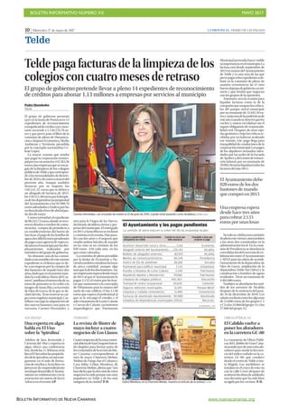 BOLETÍN INFORMATIVO NÚMERO XX	

 MAYO 2017
	

BOLETÍN INFORMATIVO DE NUEVA CANARIAS www.nuevacanarias.org
10 | Miércoles, 17 de mayo de 2017 LA PROVINCIA | DIARIO DE LAS PALMAS
Telde
OBRAS PÚBLICAS
El Cabildo vuelve a
poner los aforadores
en la carretera GC-80
La consejería de Obras Públi-
cas del Cabildo de Gran Cana-
riainstalóayerdenuevolosafo-
radores para medir la frecuen-
cia del tráfico rodado en la ca-
rretera GC-80, que conduce
desdeelcentrodeTeldeaSan-
ta Brígida. Los medidores se
instalan en el cruce de esta vía
con la calle Ceres después de
acabarselasobrasdeasfaltado,
una decisión que ha sido bien
acogida por los vecinos. P. H.Celina Mendoza, en la Churrería Melián, muestra el artículo de la revista.| LP/DLP
SOCIEDAD
Una experta en algas
habla en El Viso
sobre la ‘Spirulina’
Adelina de Jara, licenciada y
Ciencias del Mar y experta en
algas, ofrece una conferencia
hoy,desdelas11.30horas,enla
fincaElVisosobrelaspropieda-
desdelaSpirulina,unmicroor-
ganismo en el aula de forma-
cióndeestafinca.Seincluyeen
lproyecto de emprendimiento
socialquedesarrolla elAyunta-
miento en colaboración con la
asociación sin ánimo de lucro
Adesco en el recinto.LP
TURISMO
La revista de Binter de
mayo incluye a cuatro
negocios de Los Llanos
Cuatronegociosdelazonacomer-
cialabiertadeSanGregoriohansi-
do elegidos para formar parte de
loscontenidosdelarevistadeBin-
ter Canarias correspondiente al
mes de mayo. Churrería Melián,
Molino de Fuego, bar el Cubano y
Casa Julita. Celina Mendoza, de
ChurreríaMelián,afirmaque“nos
handichoquelaeleccióndeestos
negocios ha sido porque son muy
populares en Telde y de los más
antiguos de la ciudad”. P. H.
Teldepagafacturasdelalimpiezadelos
colegiosconcuatromesesderetraso
El grupo de gobierno pretende llevar a pleno 14 expedientes de reconocimiento
de créditos para abonar 1,13 millones a empresas por servicios al municipio
PPedro Hernández
TELDE
El grupo de gobierno presentó
ayer en la Junta de Portavoces 14
expedientes de reconocimiento
extrajudicialdecréditocuyo mon-
tante asciende a 1.138.576,78 eu-
ros y que prevé pase el filtro de la
comisión de pleno de Dinamiza-
ción e Impuso Económico, Medio
Ambiente y Territorio, presidida
por la concejala nacionalista Ce-
leste López.
La mayor cuantía que tendrá
que pagar la corporación munici-
palporesavíaseránlos442.363,36
eurosalasempresasqueseencar-
gan de la limpieza de los colegios
públicosdeTeldeyquecorrespon-
dealasmensualidadesdediciem-
brede2016ydeeneroamarzodel
presente año. Aunque también
destacan por su importe los
130.143, 25 euros que se deben a
un abogado de facturas de 2015,
los159.511,68eurosporlalimpie-
zadelasdependenciaspropiedad
del Ayuntamiento o los 85.988,78
eurosadeudadosaEndesaporlos
recibosdesdeeltresdeabrilalpas-
do dos de mayo.
Comocuriosidad,elexpediente
de86.545,75euros,dondesereco-
nocen deudas a medios de comu-
nicación, compra de periódicos a
un establecimiento del barrio de
SanJuan,elpagodelasbotellasde
aguaolos588,02eurospendientes
depagoaunaagenciadeviajesra-
dicadaenelmunicipioporlosdes-
plazamientos realizados por
miembros del grupo de gobierno.
No obstante, una de las curiosi-
dadesmásnotablesdeestemismo
expediente es el dinero que se de-
be a un negocio por la compra de
dos bastones de mando hace dos
años,dadoqueenelanteriorman-
dato la exalcaldesa María del Car-
menCastellanoelmismodíadesu
toma de posesión se lo cedió a la
imagen de Santa Rita, en la ermita
de Ojos de Garza, de la que se de-
claródevota.Alnorenovarsucar-
go como regidora municipal, Cas-
tellano encargó la adquisición de
dos nuevos bastones, uno para su
sucesora, Carmen Hernández, y
otro para la Virgen de las Nieves,
declarada alcaldesa eterna y per-
petua del municipio. El entregado
en2011aSantaRitanosereclamó
ycontinúaenlaermita.Hanpasa-
do casi dos años y el negocio que
vendió ambos báculos de mando
no ha visto ni un céntimo de los
820 euros -410 cada uno- en los
que están valorados.
Lacomisióndeplenopresidido
por la titular de Economía y Ha-
ciendatambiénestudiaráfacturas
de poca cantidad, aunque algo
másqueladelosdosbastones.Así,
unempresarioesperadesdemayo
de 2014 al que el Ayuntamiento le
pague2.133,65eurosporlaslose-
tas que suministró a la concejalía
de Urbanismo para la mejora del
suelo de este edificio. O los 2.140
euros que espera el profesional al
que se le encargó el estudio y el
adecentamientodeLomo Calasio
y Cuevas de Calasio, yacimientos
arqueológicos que Patrimonio
Municipal pretendía hacer visible
suimportanciaenelmunicipio.La
factura está desde septiembre de
2015enmanosdelAyuntamiento
de Telde y es una más de las que
prevépagarsilosexpedientesade-
batir en la comisión de pleno de
asuntos económicos da el visto
buenoalgrupodegobierno,enmi-
noría y que tendrá que negociar
con los grupos de la oposición.
Asimismo, será la ocasión para
liquidar facturas como la de la
compañíaqueaseguralosvehícu-
los del parque móvil municipal,
porunmontantede31.691,59eu-
rosyzanjaunadelaspolémicasde
esteañocuandosedetectóquelos
coches y motos circulaban sin el
seguro obligatorio de responsabi-
lidad civil. Después de unas rápi-
dasgestionesybajolascríticasre-
cibidas por no haberse realizado
ese trámite, este pago llega para
tranquilidad de conductores de la
corporaciónmunicipal.Lospagos
de los alquileres atrasados adeu-
dados por las sedes de la Escuela
deAjedrezydelcentrodereinser-
ción laboral, por un montante de
39.082,56eurosliquidarátodaslas
facturas del año 2015.
Nosolosecelebraestacomisión
deplenoesteviernes,sinotambién
a las otras dos constituidas en la
administración local. En la comi-
sióndePresidenciaseabordarála
convalidacióndelconveniodeco-
laboraciónentreelAyuntamiento
y AENA para las obras de acondi-
cionamiento de la depuradora de
Ojos de Garza, ampliación de la
depuradora Telde-Sur (Silva) y la
canalización y bombeo de aguas
residuales. Tieneunmontantede
4.965.000 euros.
También se abordarán los suel-
dos de los asesores de Alcaldía
después de la sentencia del pasa-
do 16 de diciembre de 2016. Los
salariooscilaránentrelosalgomás
de 23.000 euros de los grupos C1
yC2alos34.860delgrupoA1ylos
27.660 del grupo A2.
El Ayuntamiento debe
820 euros de los dos
bastones de mando
que compró en 2015
Una empresa espera
desde hace tres años
para cobrar 2.133
euros por unas losas
Ascensor Desarrollo Local y otros..............7.261 Economía
Abogado externo del Ayuntamiento......130.143 Alcaldía
Bufetes de abogados externos.. 80.925 Alcaldía
Medios de comunicación/otros. 86.545 Presidencia
Centro de día de alzhéimer 38.188 Sociales
Pavimento para edificio municipal 2.133 Urbanismo
Estudio y limpieza de Lomo Calasio. 2.140 Patrimonio
Alquileres Ajedrez y Reinserción 39.082 Patrimonio
Limpieza de colegios públicos 442.363 Educación
Transporte centro ocupacional 20.620 Cohesión
Seguros vehículos municipales 31.691 Parque Móvil
Limpieza y cuidado cementerios 11.980 Cementerios
Facturas de alumbrado Ayuntamiento 85.988 Alumbrado
Limpieza de dependencias municipales 159.511 Recursos
Catorce expedientes de reconocimiento
extrajudicial de crédito
El Ayuntamiento y los pagos pendientes
La comisión de pleno trata en su orden del día las propuestas locales
LA PROVINCIA / DLP
Cuantía en euros que
debe abonarse
Concejalía o área que
propone el pago
Carmen Hernández, con el bastón de mando el 13 de junio de 2015, cuando tomó posesión como alcaldesa.| ANDRÉS CRUZ
 