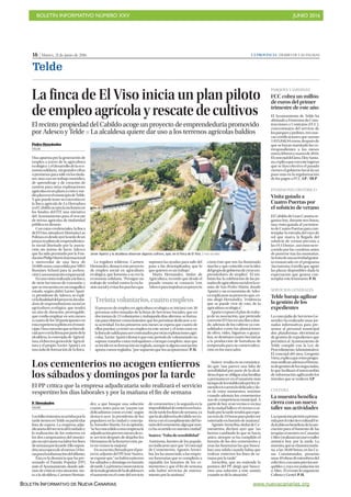 BOLETÍN INFORMATIVO NÚMERO XXV	

 JUNIO 2016
	

BOLETÍN INFORMATIVO DE NUEVA CANARIAS www.nuevacanarias.org
16 | Martes, 21 de junio de 2016 LA PROVINCIA | DIARIO DE LAS PALMAS
Telde
PARQUES Y JARDINES
FCC cobra un millón
de euros del primer
trimestre de este año
El Ayuntamiento de Telde ha
abonadoaFomentasdeCons-
trucciones y Contratas (FCC),
concesionaria del servicio de
losparquesyjardines, tresnue-
vas certificaciones que suman
1.035.848,94euros,despuésde
que se hayan tramitado las co-
rrespondientes a los meses
enero,febreroymarzode2016.
Elconcejaldelárea,EloySanta-
na,explicaqueconesteingreso
que se hizo efectivo el pasado
viernes el gobierno local da un
paso más en la regularización
de los pagos a FCC. LP / DLP
PATRIMONIO HISTÓRICO
Visita guiada a
Cuatro Puertas por
el solsticio de verano
ElCabildodeGranCanariaor-
ganiza hoy, durante tres horas,
una visita guiada al yacimien-
to de Cuatro Puertas para con-
templar la entrada del rayo de
sol que marca la llegada del
solsticio de verano-prevista a
las19.15horas-,asícomosure-
corrido por las cazoletas antes
de ponerse tras las montañas.
Setratadeunaactividadgratui-
ta enmarcada en el programa
Yacimientos Estrella que agotó
las plazas disponibles dada la
expectación que genera con-
templar este fenómeno. P. H.
SERVICIOS GENERALES
Telde baraja agilizar
la gestión de los
expedientes
La concejalía de Servicios Ge-
nerales ha realizado unas jor-
nadas informativas para pre-
sentar al personal municipal
dos plataformas electrónicas
de gestión de expedientes que
permitirá al Ayuntamiento de
Telde cumplir con la Ley de
ProcedimientoAdministrativo.
El concejal del área, Gregorio
Viera,explicaqueestosprogra-
masunificanademáselforma-
todegestióndelosnegociados,
lo que facilitará el intercambio
de información agilizando los
trámites que se realicen. LP
CULTURA
La muestra benéfica
cierra con un nuevo
taller sus actividades
Laexposiciónpictóricapromo-
vidaporelcolectivoculturalFri-
daKahloenbeneficiodelaaso-
ciación para el fomento de las
terapias ecuestres en Canarias
(Aftec)realizaráunnuevotaller
artístico hoy por la tarde. La
muestra,queseclausuramaña-
na, a las 20.00 horas, en las Ca-
sas Consistoriales, presenta
unas40obrasdemiembrosdel
colectivo,conunospreciosase-
quibles y cuya recaudación irá
a Aftec. El evento lo organizan
Cultura y Gestel.P.H.
La finca de El Viso inicia un plan piloto
deempleoagrícolayrescatedecultivos
El recinto propiedad del Cabildo acoge un proyecto de emprendeduría promovido
por Adesco y Telde P La alcaldesa quiere dar uso a los terrenos agrícolas baldíos
Pedro Hernández
TELDE
Una apuesta por la generación de
empleo a través de la agricultura
ecológica yeldesarrollodelaeco-
nomíasolidaria, singrandescifras
o promesas para salir en los titula-
res, sino con un trabajo metódico,
de aprendizaje y de creación de
cantera para otras explotaciones
agrícolasenunplazoacortoyme-
dioplazoenelmunicipiodeTelde.
Yquepuedetenersuextensiónen
la finca agrícola de La Herradura
sielCabildoaceptalainclusiónen
los fondos del ITE una iniciativa
del Ayuntamiento para el rescate
de tierras agrícolas de titularidad
pública en desuso.
Con estas credenciales, la finca
deElViso,situadaenMontañaLas
Palmas,esdesdeayerlasededeun
proyectopilotodeemprendimien-
to social diseñado por la asocia-
ción sin ánimo de lucro Adesco
que ha sido premiado por la Fun-
daciónPhilipMorrisInternacional
y merecedor de una beca de
10.000 euros concedida por MBA
Bussines School para la acelera-
ciónyasesoramientoempresarial.
Enunavisitarealizadaalafinca,
de siete hectáreas de extensión y
que se encuentra en un magnífico
estado, según alabó Xavier Apari-
ci, presidente de Adesco, se expli-
cólafinalidaddelproyectoIncuba-
dora de emprendimiento social en
agricultura ecológica, que tendrá
un año de duración, prorrogable,
que confía emplear en seis meses
acuatrodelos30participantesen
estaexperienciapilotoenelmuni-
cipio.Unaconvenioquesehizoofi-
cialayerconlafirmaporpartedela
alcaldesa, la concejala de Agricul-
tura,eldirectorgeneraldeAgricul-
tura y el propio Xavier Aparici, en
una aula de formación de la finca.
La regidora teldense, Carmen
Hernández,destacóesteproyecto
de empleo social en agricultura
ecológica, que fomenta a su vez la
economía solidaria. “Persigue un
trabajo de verdad contra la exclu-
siónsocialyevitarlosparchesque
suponen las ayudas para salir del
paso a los desempleados, que lo
que quieren es un trabajo”.
Marta Hernández, titular de
Agricultura, recordó que desde el
pasado verano se contactó “con
Adescoparaimpulsarunproyecto
como éste que nos ha ilusionado
mucho y que coincide con la idea
delgrupodegobiernodecrearem-
prendedores de empleo”. El em-
brión fue la celebración de las jor-
nadasdeagriculturasocialenlaer-
mita de San Pedro Mártir, donde
Aparici y un economista de Ades-
coexplicaronsuproyectoque,co-
mo alegó Hernández, “evidencia
que se puede vivir de esto, de la
agricultura ecológica”.
Aparici expuso el plan de traba-
jo de su asociación, que pretende
convertirElVisoenunafincadon-
de, además de los cultivos ya con-
solidados como las plantaciones
de olivo, vides, higueras o guaya-
bos, se destinará cuatro hectáreas
a la producción de hortalizas de
temporada para su comercializa-
ción en los mercados.
Javier Aparici y la alcaldesa observan algunos cultivos, ayer, en la finca de El Viso. | YAIZA SOCORRO
Treintavoluntarios,cuatroempleos
El proyecto de empleo en agricultura ecológica se iniciará con 30
personas seleccionadas de la listas de Servicios Sociales, que en
dos turnos de 15 voluntarios y trabajando días alternos, se forma-
rán para obtener conocimientos que les permitan dedicarse a es-
ta actividad. En los primeros seis meses se espera que cuatro de
ellos puedan ya tener un empleo en este sector y el resto estar en
lalíneadesalidaparasercontratadosporotrasexplotacionesagrí-
colas.XavierAparicidestacóqueesteperiododevoluntariadono
supone tratarlos como trabajadores a tiempo completo, sino que
seincideensuformaciónnoreglada,aunquesialgunaasociación
aporta cursos reglados, “por supuesto que los aceptaremos”. P. H.
Los cementerios no acogen entierros
los sábados y domingos por la tarde
P. Hernández
TELDE
Losfallecimientosocurridosporla
tardetienenenTeldesuparticular
lista de espera. La empresa adju-
dicatariadelserviciodelcuidadoy
la realización de los entierros en
los dos camposantos del munici-
pionoejecutaráesalaborlosfines
desemanaporlatarde.Ellosupon-
dríaunaesperadealmenos24ho-
rasparalainhumacióndeldifunto.
Ésta es la denuncia que ha pre-
sentado el Partido Popular (PP)
ante el Ayuntamiento, donde ade-
más de criticar esta situación, ins-
ta a la alcaldesa, Carmen Hernán-
dez, a que busque una solución
cuanto antes para un “asunto tan
delicadísimo como es éste”, según
destacó ayer la presidenta de los
populares en la ciudad y conceja-
la,SonsolesMartín.Ensuopinión,
“sehaconcedidoaunaempresala
adjudicaciónportresmesesdees-
te servicio después de dejarlos los
HermanosdelaResurrección,pe-
ro no vemos la mejoría”.
Ensuescrito,firmadoporelpor-
tavoz adjunto del PP, José Suárez,
seexponeque“nohabráentierros
los sábados y domingo en horario
detarde.Laprimeraconsecuencia
delamalagestióndelaalcaldesaes
elaumentoenelcostedelservicio
de cementerios y la segunda es la
imposibilidaddeentierroenhora-
riodetardelosfinesdesemana,ya
quelaalcaldesahadecididoseres-
tricta con el cumplimiento del ho-
rariodelcementerio,algoquenun-
ca ha ocurrido en nuestra ciudad”.
Suárez: “Falta de sensibilidad”
Asimismo, fuentes de los popula-
resindicaronayerque“elconcejal
de Cementerios, Agustín Arenci-
bia, les ha anunciado a las empre-
sas funerarias que se cumplirán a
rajatabla los horarios de los ce-
menterios y que el fin de semana
solo habrá servicios de enterra-
miento por la mañana”.
El PP critica que la empresa adjudicataria solo realizará el servicio
vespertino los días laborales y por la mañana el fin de semana
Suárez resaltaensucomunica-
do que “nos parece una falta de
sensibilidad por parte de la alcal-
desaelquese obliguealasfamilias
a permanecer en el tanatorio más
tiempodeloestablecidoporleyte-
niendoencuentalodelicadoydu-
ro de estos momentos, máxime
cuando además los cementerios
son de competencia municipal. A
partirdehoysiunvecinoovecina
delaciudadfalleceelviernesosá-
badoporlatardetendráqueespe-
rarmásde24horasparapoderser
enterrado en horario de mañana”.
AgustínArencibia,titulardeCe-
menterios, declaró ayer que “no
hemos cambiado lo que se hacía
antes, siempre se ha cumplido el
horario de los dos cementerios y
eran las funerarias las que busca-
ban una salida cuando había que
realizar entierros los fines de se-
mana por la tarde”.
Arencibia, que no entiende la
postura del PP, alegó que busca-
mos una solución a este asunto
cuando se dé la situación”.
 