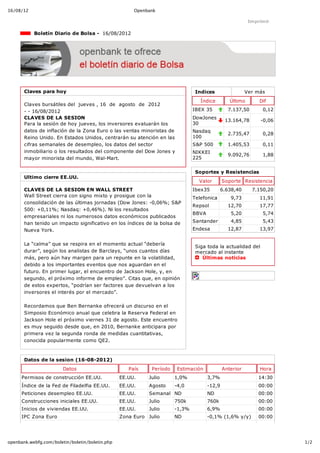 16/08/12                                              Openbank

                                                                                                          Imprimir

             Boletín Diario de Bolsa ­  16/08/2012




       Claves para hoy                                                          Indices                  Ver más
                                                                                  Índice         Último       Dif
       Claves bursátiles del  jueves , 16  de  agosto  de  2012
       ­ ­ 16/08/2012                                                          IBEX 35          7.137,50       0,12
       CLAVES DE LA SESION                                                     DowJones
                                                                                               13.164,78      ­0,06
       Para la sesión de hoy jueves, los inversores evaluarán los              30
       datos de inflación de la Zona Euro o las ventas minoristas de           Nasdaq
                                                                                                2.735,47       0,28
       Reino Unido. En Estados Unidos, centrarán su atención en las            100
       cifras semanales de desempleo, los datos del sector                     S&P 500          1.405,53       0,11
       inmobiliario o los resultados del componente del Dow Jones y            NIKKEI
                                                                                                9.092,76       1,88
       mayor minorista del mundo, Wal­Mart.                                    225

                                                                                Soportes y Resistencias
       Ultimo cierre EE.UU.
                                                                                 Valor        Soporte Resistencia
       CLAVES DE LA SESION EN WALL STREET                                      Ibex35         6.638,40     7.150,20
       Wall Street cierra con signo mixto y prosigue con la                    Telefonica         9,73        11,91
       consolidación de las últimas jornadas (Dow Jones: ­0,06%; S&P
                                                                               Repsol           12,70         17,77
       500: +0,11%; Nasdaq: +0,46%). Ni los resultados
                                                                               BBVA               5,20         5,74
       empresariales ni los numerosos datos económicos publicados
       han tenido un impacto significativo en los índices de la bolsa de       Santander          4,85         5,43
       Nueva York.                                                             Endesa           12,87         13,97


       La “calma” que se respira en el momento actual “debería
                                                                                Siga toda la actualidad del
       durar”, según los analistas de Barclays, “unos cuantos días              mercado al instante 
       más, pero aún hay margen para un repunte en la volatilidad,                 Últimas noticias
       debido a los importantes eventos que nos aguardan en el
       futuro. En primer lugar, el encuentro de Jackson Hole, y, en
       segundo, el próximo informe de empleo”. Citas que, en opinión
       de estos expertos, “podrían ser factores que devuelvan a los
       inversores el interés por el mercado”.

       Recordamos que Ben Bernanke ofrecerá un discurso en el
       Simposio Económico anual que celebra la Reserva Federal en
       Jackson Hole el próximo viernes 31 de agosto. Este encuentro
       es muy seguido desde que, en 2010, Bernanke anticipara por
       primera vez la segunda ronda de medidas cuantitativas,
       conocida popularmente como QE2.



       Datos de la sesion (16­08­2012)
                        Datos                       País     Período    Estimación            Anterior        Hora
      Permisos de construcción EE.UU.            EE.UU.     Julio      1,0%           3,7%                    14:30
      Índice de la Fed de Filadelfia EE.UU.      EE.UU.     Agosto     ­4,0           ­12,9                   00:00
      Peticiones desempleo EE.UU.                EE.UU.     Semanal ND                ND                      00:00
      Construcciones iniciales EE.UU.            EE.UU.     Julio      750k           760k                    00:00
      Inicios de viviendas EE.UU.                EE.UU.     Julio      ­1,3%          6,9%                    00:00
      IPC Zona Euro                              Zona Euro Julio       ND             ­0,1% (1,6% y/y)        00:00




openbank.webfg.com/boletin/boletin/boletin.php                                                                        1/2
 