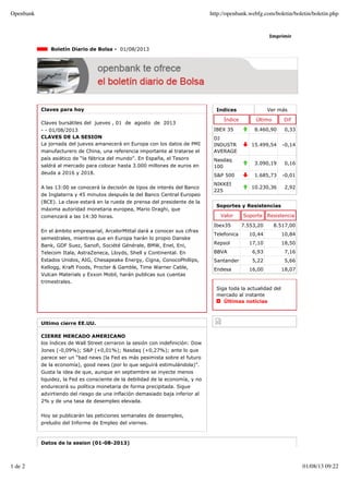 Indices Ver más
Índice Último Dif
IBEX 35 8.460,90 0,33
DJ
INDUSTR
AVERAGE
15.499,54 -0,14
Nasdaq
100
3.090,19 0,16
S&P 500 1.685,73 -0,01
NIKKEI
225
10.230,36 2,92
Imprimir
Boletín Diario de Bolsa - 01/08/2013
Claves para hoy
Claves bursátiles del jueves , 01 de agosto de 2013
- - 01/08/2013
CLAVES DE LA SESION
La jornada del jueves amanecerá en Europa con los datos de PMI
manufacturero de China, una referencia importante al tratarse el
país asiático de “la fábrica del mundo”. En España, el Tesoro
saldrá al mercado para colocar hasta 3.000 millones de euros en
deuda a 2016 y 2018.
A las 13:00 se conocerá la decisión de tipos de interés del Banco
de Inglaterra y 45 minutos después la del Banco Central Europeo
(BCE). La clave estará en la rueda de prensa del presidente de la
máxima autoridad monetaria europea, Mario Draghi, que
comenzará a las 14:30 horas.
En el ámbito empresarial, ArcelorMittal dará a conocer sus cifras
semestrales, mientras que en Europa harán lo propio Danske
Bank, GDF Suez, Sanofi, Société Générale, BMW, Enel, Eni,
Telecom Itala, AstraZeneca, Lloyds, Shell y Continental. En
Estados Unidos, AIG, Chesapeake Energy, Cigna, ConocoPhillips,
Kellogg, Kraft Foods, Procter & Gamble, Time Warner Cable,
Vulcan Materials y Exxon Mobil, harán publicas sus cuentas
trimestrales.
Ultimo cierre EE.UU.
CIERRE MERCADO AMERICANO
los índices de Wall Street cerraron la sesión con indefinición: Dow
Jones (-0,09%); S&P (+0,01%); Nasdaq (+0,27%); ante lo que
parece ser un “bad news (la Fed es más pesimista sobre el futuro
de la economía), good news (por lo que seguirá estimulándola)”.
Gusta la idea de que, aunque en septiembre se inyecte menos
liquidez, la Fed es consciente de la debilidad de la economía, y no
endurecerá su política monetaria de forma precipitada. Sigue
advirtiendo del riesgo de una inflación demasiado baja inferior al
2% y de una tasa de desempleo elevada.
Hoy se publicarán las peticiones semanales de desempleo,
preludio del Informe de Empleo del viernes.
Soportes y Resistencias
Valor Soporte Resistencia
Ibex35 7.553,20 8.517,00
Telefonica 10,44 10,84
Repsol 17,10 18,50
BBVA 6,93 7,16
Santander 5,22 5,66
Endesa 16,00 18,07
Siga toda la actualidad del
mercado al instante
Últimas noticias
Datos de la sesion (01-08-2013)
Openbank http://openbank.webfg.com/boletin/boletin/boletin.php
1 de 2 01/08/13 09:22
 