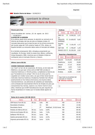 Indices Ver más
Índice Último Dif
IBEX 35 8.540,20 1,27
DJ
INDUSTR
AVERAGE
15.628,02 0,83
Nasdaq
100
3.126,30 1,17
S&P 500 1.706,87 1,25
NIKKEI 225 10.230,36 2,92
Imprimir
Boletín Diario de Bolsa - 02/08/2013
Claves para hoy
Claves bursátiles del viernes , 02 de agosto de 2013
- - 02/08/2013
CLAVES DE LA SESION
En la última sesión de la semana, la atención se centrará en el
Informe de Empleo del mes de julio en Estados Unidos. El
mercado descuenta que la tasa de paro en la primera economía
del mundo caiga del 7,6% anterior hasta el 7,5%. Antes, en
España también se conocerán datos sobre el mercado de trabajo.
En el ámbito empresarial, IAG y Amadeus presentarán sus
resultados. En Europa, harán lo propio Axa, Allianz, Lufthansa,
Intesa Sanpaolo y RBS, mientras que en Estados Unidos se
confesarán ante el mercado Chevron y Viacom.
Ultimo cierre EE.UU.
CIERRE MERCADO AMERICANO
Los "osos" se han ido de vacaciones. Al menos, al otro lado del
Atlántico y es que ayer vimos como el S&P 500 cerraba en
máximos históricos (1.703,94 puntos), cumpliendo la máxima de
que “la tendencia es tu amiga”. Pero no es el único que ha
coqueteó con niveles nunca visto y es que el Dow Jones tocó el
miércoles máximos históricos intradiarios.También han influido
positivamente en los índices americanos unos buenos datos
macroeconómicos. Las peticiones de subsidios por desempleo,
como antesala del trascendental Informe de Empleo de julio que
conoceremos hoy viernes, cayeron a su menor nivel en cinco
años; mientras que el ISM manufacturero de julio repuntó con
fuerza situándose en niveles que no tocaba desde agosto de
2011.
Soportes y Resistencias
Valor Soporte Resistencia
Ibex35 8.143,49 8.597,00
Telefonica 10,44 10,84
Repsol 17,10 18,50
BBVA 6,93 7,23
Santander 5,22 5,66
Endesa 16,86 17,87
Siga toda la actualidad del
mercado al instante
Últimas noticias
Datos de la sesion (02-08-2013)
Datos País Período Estimación Anterior Hora
ISM Nueva York EE.UU. EE.UU. Julio ND ND 15:45
Resultados Amadeus - 1S ND ND 13:00
Resultados Iberia - 2T WebCast: 10:00 horas ND 08:00
Pedidos de fábrica EE.UU. EE.UU. Junio 0,8% ND 00:00
Informe de Empleo EE.UU. EE.UU. Julio 7,5% ND 00:00
Deflactor PCE EE.UU. EE.UU. Junio ND ND 00:00
Gastos personales EE.UU. EE.UU. Junio 0,5% ND 00:00
Ingresos personales EE.UU. EE.UU. Junio 0,5% ND 00:00
Openbank http://openbank.webfg.com/boletin/boletin/boletin.php
1 de 2 02/08/13 09:15
 