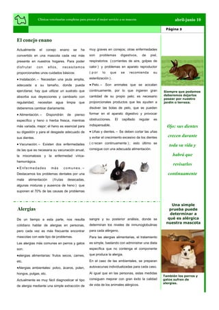 Clínicas veterinarias completas para prestar el mejor servicio a su mascota                              abril-junio 10

                                                                                                                           Página 3


El conejo enano
Actualmente             el   conejo       enano     se    ha    muy graves en conejos; otras enfermedades
convertido en una mascota cada vez más                          son      problemas        digestivos,    de       piel,
presente en nuestros hogares. Para poder                        respiratorios ( corrientes de aire, golpes de
d i s f r u ta r   con        e ll o s,    n ec e si t a mo s   calor ) y problemas en aparato reproductor
proporcionarles unos cuidados básicos:                          ( p or    lo    que       se   recomienda           su

 Instalación. – Necesitan una jaula amplia,                    esterilización ) .

adecuada           a    su    tamaño,      donde     pueda       Pelo. – Son animales que se acicalan
ejercitarse; hay que utilizar un sustrato que                   continuamente, por lo que ingieren gran                   Siempre que podamos
                                                                cantidad de su propio pelo; es necesario                  deberemos dejarlos
absorba sus deyecciones y cambiarlo con
                                                                                                                          pasear por nuestro
regularidad;           necesitan     agua      limpia    que    proporcionales productos que les ayuden a                 jardín o terraza.
deberemos cambiar diariamente.                                  disolver las bolas de pelo, que se pueden

 Alimentación. –            Dispondrán        de    pienso     formar en el aparato digestivo y provocar

específico y heno o hierba fresca, mientras                     obstrucciones.       El   cepillado     regular     es

más variada, mejor; el heno es esencial para                    indispensable.                                              Ojo: sus dientes
su digestión y para el desgaste adecuado de                      Uñas y dientes. – Se deben cortar las uñas
sus dientes.                                                    y evitar el crecimiento excesivo de los dientes             crecen durante
 Vacunación. – Existen dos enfermedades                        ( c recen continuamente ) ; esto último se
                                                                                                                             toda su vida y
de las que es necesaria su vacunación anual,                    consigue con una adecuada alimentación.

la mixomatosis y la enfermedad vírica-                                                                                         habrá que
hemorrágica.
                                                                                                                               revisarlos
 Enfermedades                   más          comunes. –
Destacamos los problemas dentales por una                                                                                   continuamente
mala        alimentación           ( frutas    desecadas,
algunas mixturas y ausencia de heno ) que
suponen el 70% de las causas de problemas



                                                                                                                              Una simple
Alergias                                                                                                                     prueba puede
                                                                                                                             determinar a
De un tiempo a esta parte, nos resulta                          sangre y su posterior análisis, donde se                    qué es alérgica
                                                                                                                           nuestra mascota
cotidiano hablar de alergias en personas,                       determinan los niveles de inmunoglobulinas
pero cada vez es más frecuente encontrar                        para cada alérgeno.
mascotas con este tipo de problemas.                            Para las alergias alimentarias, el tratamiento
Las alergias más comunes en perros y gatos                      es simple, bastando con administrar una dieta
son:                                                            específica que no contenga el componente

alergias alimentarias: frutos secos, carnes,                   que produce la alergia.

etc.                                                            En el caso de las ambientales, se preparan

Alergias ambientales: polvo, ácaros, polen,                    autovacunas individualizadas para cada caso.

hongos, pulgas, etc.                                            Al igual que en las personas, estas medidas
                                                                                                                          También los perros y
Actualmente es muy fácil diagnosticar el tipo                   consiguen mejorar con gran éxito la calidad               gatos sufren de
                                                                                                                          alergias.
de alergia mediante una simple extracción de                    de vida de los animales alérgicos.
 