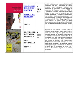 MECANOSCRIT
DEL SEGON
ORIGEN
MANUEL DE
PEDROLO
7537330
N
PED
mec
L'edició actual, amb el seu estudi introductori,
comentaris de text i propostes de treball
variades, està adreçada sobretot als
estudiants de secundària. Carme Ballús és
professora de llengua catalana a l'IES A.
Cumella de Granollers. Mecanoscrit del segon
orígen és una novel·la composta de cinc
capítols anomenats Quaderns, d'una extensió
molt semblant (trenta pàgines cadascun) i de
tres pàgines finals, on el lector pot completar el
veritable sentit de l'obra. Els protagonistes de
l'obra, l'Alba i en Didac, viuen un seguit
d'aventures en un món pràcticament destruït.
Són ells, els precursos de la civilització actual?
ULISSES I EL
FANTASMA
FORASTER
TONI
CUCARELLA
7545867
N
CUC
uli
Aquesta és una història d´amistat entre un
rodamón sense pàtria ni destí i una ànima en
pena que busca algú que porte les seues
despulles al poble on va nàixer. Intenta aportar
un punt de vista sobre la problemàtica de la
immigració. No amb intenció de justificar-la,
sinó de presenta r-la com el que realment és:
una tragèdia de pobresa i exili. Tot immigrant
desitja sempre tornar a la terra que va haver
d’abandonar. Ulysses i el fantasma foraster
recrea personatges i situacions de l’Odissea
d’Homer, però és, en realitat, un conte. Fins i
tot té un final emotiu inspirat en un relat d
´Andersen
 