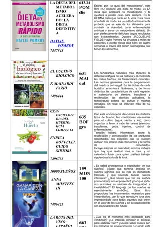 LA DIETA DEL
METABOL
ISMO
ACELERA
DO: LA
DIETA
DEFINITIV
A
HAYLIE
POMROY
7537548
613.24
POM
die
Escrito por "la gurú del metabolismo", este
libro NO propone una dieta de moda. Es LA
dieta que acelerará tu metabolismo y te
ayudará a perder peso para siempre. Es la
ÚLTIMA dieta que harás en tu vida. Esta no es
una dieta de moda, es un método clínicamente
probado que se vale de los alimentos para
combatir la obesidad, curar enfermedades
crónicas y sanar un metabolismo dañado. Un
plan perfectamente delicioso cuyos resultados
son extraordinarios. Doctora JACQUELINE
FIELDS Haylie Pomroy ha ayudado a miles de
pacientes a perder hasta diez kilos en cuatro
semanas a través del poder quemagrasa que
tienen los alimentos.
EL CULTIVO
BIOLGICO
F. MAINARDI
FAZIO
7496444
631
MAI
cul
Los fertilizantes naturales más eficaces, la
defensa biológica de los cultivos y el control de
las malas hierbas, los fitosanitarios naturales.
Las normas generales para la programación
del huerto y del vergel. En las fichas de cada
hortaliza encontrará fácilmente, y de forma
didáctica las características de cada especie:
el calendario de siembra, trasplante y
recolección, las técnicas aplicables, la
temperatura óptima de cultivo y muchos
consejos. En total se incluyen más de 50
especies.
GRAN
ENCICLOPE
DIA DEL
HUERTO:
GUÍA
COMPLETA
ENRICA
BOFFELLI,
GUIDO
SIRTORI
7496736
635
BOF
gra
Con esta enciclopedia descubrirá los distintos
tipos de huerto, las condiciones necesarias
para el cultivo (agua, viento y luz), cómo
organizar y llevar a cabo las tareas (siembra,
trasplantes, poda, injertos, control de
enfermedades).
También hallará información sobre la
recolección y conservación de los productos
cosechados, las especies que se pueden
cultivar, los errores más frecuentes y la forma
de remediarlos.
Incluye además un calendario con los trabajos
que hay que realizar mes a mes, y un
calendario lunar para quien prefiera trabajar
siguiendo el ciclo de la luna.
10000 SUEÑOS
ANNA
MONTESC
HI
7496425
159
MON
100
¿Es usted protagonista o espectador de sus
sueños? ¿Sabe que sentirse ansioso en
sueños significa que su vida es demasiado
tranquila y que necesita buscar nuevos
intereses? ¿Qué tienen que ver los sueños
premonitorios con el presente? ¿Por qué soñar
con animales es símbolo de inseguridad e
inestabilidad? El lenguaje de los sueños es
esencialmente simbólico. Este libro
proporciona los instrumentos necesarios para
interpretarlos, con lo que constituye una obra
imprescindible para todos aquellos que creen
en el valor de los sueños y en su capacidad de
ser anunciadores del futuro.
LA RUTA DEL
VINO 663
¿Cuál es el momento más adecuado para
vendimiar? ¿Le interesa conocer el proceso
para elaborar vino? ¿Quiere saber cuáles son
 