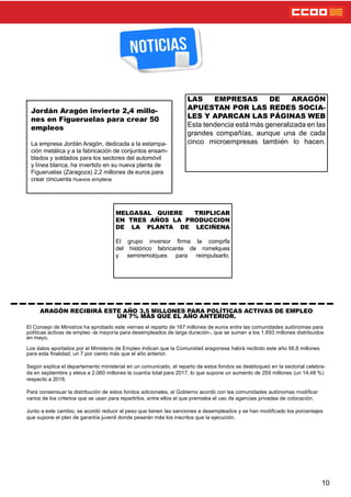 Jordán Aragón invierte 2,4 millo-
nes en Figueruelas para crear 50
empleos
La empresa Jordán Aragón, dedicada a la estampa-
ción metálica y a la fabricación de conjuntos ensam-
blados y soldados para los sectores del automóvil
y línea blanca, ha invertido en su nueva planta de
Figueruelas (Zaragoza) 2,2 millones de euros para
crear cincuenta nuevos empleos
10
LAS EMPRESAS DE ARAGÓN
APUESTAN POR LAS REDES SOCIA-
LES Y APARCAN LAS PÁGINAS WEB
Esta tendencia está más generalizada en las
grandes compañías, aunque una de cada
cinco microempresas también lo hacen.
MELGASAL QUIERE TRIPLICAR
EN TRES AÑOS LA PRODUCCION
DE LA PLANTA DE LECIÑENA
El grupo inversor rma la comprfa
del histórico fabricante de romelques
y semiremolques para reimpulsarlo.
ARAGÓN RECIBIRÁ ESTE AÑO 3,5 MILLONES PARA POLÍTICAS ACTIVAS DE EMPLEO
UN 7% MÁS QUE EL AÑO ANTERIOR.
El Consejo de Ministros ha aprobado este viernes el reparto de 167 millones de euros entre las comunidades autónomas para
políticas activas de empleo -la mayoría para desempleados de larga duración-, que se suman a los 1.893 millones distribuidos
en mayo.
Los datos aportados por el Ministerio de Empleo indican que la Comunidad aragonesa habrá recibido este año 56,8 millones
para esta nalidad, un 7 por ciento más que el año anterior.
Según explica el departamento ministerial en un comunicado, el reparto de estos fondos se desbloqueó en la sectorial celebra-
da en septiembre y eleva a 2.060 millones la cuantía total para 2017, lo que supone un aumento de 259 millones (un 14,48 %)
respecto a 2016.
Para consensuar la distribución de estos fondos adicionales, el Gobierno acordó con las comunidades autónomas modicar
varios de los criterios que se usan para repartirlos, entre ellos el que premiaba el uso de agencias privadas de colocación.
Junto a este cambio, se acordó reducir el peso que tienen las sanciones a desempleados y se han modicado los porcentajes
que supone el plan de garantía juvenil donde pesarán más los inscritos que la ejecución.
 