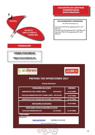 OFERTAS
VACANTES
EMPLEO PÚBLICO
FORMACIÓN
VACANTES EN CENTROS
CONCERTADOS
(EDUCARAGON)
MAS INFORMACIÓN E INSCRIPCIÓN
http://www.educaragon.org
Vacantes EI EP EE 25 septiembre 2017 ((37
KB)) pdf
Vacantes ES 25 septiembre 2017 ((32 KB)) pdf
Vacantes FPB CF 25 septiembre 2017 ((36
KB)) pdf
CURSOS CCOO-EMPLEO
https://www.araforem.net
FORMACIÓN
2
6
 