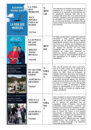 LA VIDA
QUE
MERECES
ALEX
ROVIRA;
PASCUAL
OLMOS
7537316
N
ROV
vid
Una alternativa al sistema actual basada en la
búsqueda de un sendero que armonice lo
material con lo espiritual, la productividad con
la satisfacción personal. Más allá de la
ecología está el Eco-Ser, una nueva forma de
armonía y equilibrio moral, que trata de asumir
la naturaleza como parte de nuestro espíritu.
En La vida que mereces, los autores Pascual
Olmos y Álex Rovira trazan la Cuarta Vía para
esa conquista.
LA JUNGLA
DE LOS
LISTOS
MIGUEL
ÁNGEL
REVILLA
7543350
REV
jun
Un relato que denuncia y analiza los casos de
corrupción y mala práctica política más
relevantes de los últimos tiempos. Miguel
Ángel Revilla combina como pocos el sentido
del humor y la lucidez, dos cualidades que
aplica al análisis de la realidad para denunciar
sin tapujos los abusos de una clase
privilegiada que ha sacad o provecho del
esfuerzo de todos para aumentar su
patrimonio, alcanzar prebendas u ocupar o
detentar cargos de responsabilidad desde los
que perpetuarse en el engaño y el abuso
sistemáticos.
EL LECTOR
DE JULIO
VERNE
ALMUDENA
GRANDES
7543647
N
GRA
Lec
2
Nino, hijo de guardia civil, tiene nueve años,
vive en la casa cuartel de un pueblo de la
Sierra Sur de Jaén, y nunca podrá olvidar el
verano de 1947. Pepe el Portugués, el
forastero misterioso, fascinante, que acaba de
instalarse en un molino apartado, se convierte
en su amigo y su modelo, el hombre en el que
le gustaría convertirse alguna vez. Mientras
pasan juntos las tardes a la orilla del río, Nino
se jurará a sí mismo que nunca será guardia
civil como su padre, y comenzará a recibir
clases de mecanografía en el cortijo de las
Rubias, donde una familia de mujeres solas,
viudas y huérfanas,
INÉS Y LA
ALEGRÍA
ALMUDENA
GRANDES
7543661
N
GRA
Ine
1
Inés y la alegría, la nueva novela de Almudena
Grandes, cuenta la historia de la invasión del
valle de Arán, en octubre de 1944, por parte
de un ejército de guerrilleros que se
propusieron liberar a España. Una novela
irrefrenable, sobre mujeres y hombres que
lucharon con convicción por recuperar su país,
sobrevivieron lueg o en el exilio y regresaron,
tras la muerte de Franco, a una España
desconocida e indiferente con su modesta
epopeya. Inés y la alegría es el primero de los
Episodios de una guerra interminable, un
proyecto narrativo integrado por seis novelas
independientes, que comparten un mismo
espíritu y rinden homenaje a los Episodios
nacionales de Pérez Galdós.
 