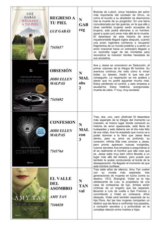 REGRESO A
TU PIEL
LUZ GABÁS
7545657
N
GAB
reg
Brianda de Lubich, única heredera del señor
más importante del condado de Orrun, ve
como el mundo a su alrededor se desmorona
tras la muerte de su progenitor. En una tierra
convulsionada por las guerras, en la que ella y
otras veintitrés mujeres serán acusadas de
brujería, solo podrá aferrarse a un hombre:
aquel a quien juró amar más allá de la muerte.
El desenlace de esta historia de amor
inquebrantable llegará siglos después, cuando
una joven ingeniera comience a recuperar
fragmentos de un mundo pretérito y a sentir un
amor irracional hacia un extranjero llegado a
un recóndito lugar de las montañas para
reconstruir la mansión familiar heredada de
sus ancestros.
OBSESIÓN
JODI ELLEN
MALPAS
7545692
N
MAL
obs
2
Ava y Jesse se conocieron en Seducción, el
primer volumen de la trilogía Mi hombre. Su
aventura continúa...He visto cómo lo miran
todas. Lo desean, harán lo que sea por
conseguirlo. La respiración se me acelera y
siento que no podré aguantar mucho más.
Estoy perdiendo el control, y esto empieza a
asustarme. Estoy histérica, avergonzada,
muerta de celos. Y muy, muy excitada.
CONFESION
JODI ELLEN
MALPAS
7545764
N
MAL
con
3
Tres, dos, uno, cero ¡Disfruta! El desenlace
más esperado de la trilogía del momento La
mansión, el mismo lugar donde comenzó su
historia de amor apasionada, está llena de
huéspedes y este debería ser el día más feliz
de sus vidas. Ava ha aceptado que nunca va a
poder dominar a la fiera que Jesse lleva
dentro, pero su amor es profundo, su
conexión, infinita Ella cree conocer a Jesse,
pero pronto aparecen nuevas incógnitas,
nuevos secretos Ava empieza a preguntarse si
él es realmente el hombre que ella cree que
es. Jesse sabe muy bien cómo llevarla a un
lugar más allá del éxtasis, pero puede que
también la acabe conduciendo al borde de la
desesperación. Ha llegado el momento de que
este hombre confiese.
EL VALLE
DEL
ASOMBRO
AMY TAN
7546020
N
TAN
val
Tras siete años de silencio, Amy Tan vuelve
con su novela más esperada: tres
generaciones de mujeres en lucha contra su
destino. 1912, Shanghái. Violet es la hija
adolescente de Lulu, la propietaria de una
casa de cortesanas de lujo. Ambas serán
víctimas de un engaño que las separará,
llevando a Lulu de vuelta a San Franciso y
convirtiendo a Violet en cortesana. Años
después, Violet será también separada de su
hija Flora. Así las tres mujeres comparten un
destino que las lleva a confrontar sus pasados,
a compartir secretos y a profundizar en la
compleja relación entre madres e hijas.
 