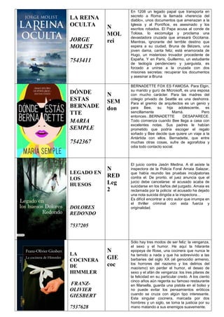 LA REINA
OCULTA
JORGE
MOLIST
7543411
N
MOL
rei
En 1208 un legado papal que transporta en
secreto a Roma la llamada «herencia del
diablo», unos documentos que amenazan a la
Iglesia y al Pontífice, es asesinado y los
escritos robados. El Papa acusa al conde de
Tolosa, lo excomulga y proclama una
devastadora cruzada que arrasará Occitania.
Mientras, ignorante del terrible destino que
espera a su ciudad, Bruna de Béizers, una
joven dama, canta feliz; está enamorada de
Hugo, un misterioso trovador procedente de
España. Y en París, Guillermo, un estudiante
de teología pendenciero y juerguista, es
forzado a unirse a la cruzada con dos
misiones secretas: recuperar los documentos
y asesinar a Bruna
DÓNDE
ESTAS
BERNADE
TTE
MARIA
SEMPLE
7542367
N
SEM
don
BERNADETTE FOX ES FAMOSA. Para Elgin,
su marido y gurú de Microsoft, es una esposa
con mucho carácter. Para las madres del
colegio privado de Seattle es una deshonra.
Para el gremio de arquitectos es un genio y
para Bee, su hija adolescente, es
sencillamente Mamá. Pero
entonces...BERNADETTE DESAPARECE.
Todo comienza cuando Bee llega a casa con
excelentes notas. Sus padres le habían
prometido que podría escoger el regalo
soñado y Bee decide que quiere un viaje a la
Antártida con ellos. Bernadette, que entre
muchas otras cosas, sufre de agorafobia y
odia todo contacto social.
LEGADO EN
LOS
HUESOS
DOLORES
REDONDO
7537205
N
RED
Leg
2
El juicio contra Jasón Medina. A él asiste la
inspectora de la Policía Foral Amaia Salazar,
que había reunido las pruebas inculpatorias
contra el. De pronto, el juez anuncia que el
juicio debe cancelarse: el acusado acaba de
suicidarse en los baños del juzgado. Amaia es
reclamada por la policía: el acusado ha dejado
una nota suicida dirigida a la inspectora…
Es difícil encontrar a otro autor que irrumpa en
el thriller criminal con esta fuerza y
originalidad.
LA
COCINERA
DE
HIMMLER
FRANZ-
OLIVIER
GIESBERT
7537628
N
GIE
coc
Sólo hay tres modos de ser feliz: la venganza,
el sexo y el humor. He aquí la hilarante
epopeya de Rose, una cocinera que nunca le
ha temido a nada y que ha sobrevivido a las
barbaries del siglo XX (el genocidio armenio,
los horrores del nazismo y los delirios del
maoísmo) sin perder el humor, el deseo de
sexo y el afán de venganza: los tres pilares de
la felicidad en su particular credo. A los ciento
cinco años aún regenta su famoso restaurante
en Marsella, guarda una pistola en el bolso y
no puede evitar los pensamientos eróticos
cuando se cruza con algún tipo interesante.
Esta singular cocinera, marcada por dos
hombres y un siglo, se toma la justicia por su
mano matando a sus enemigos suavemente.
 