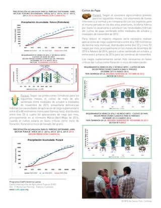 Puracé: Según las predicciones climáticas para los
siguientes meses, el cultivo de maíz de año
sembrado entre mediados de octubre a mediados
de noviembre de 2015, presentaría deficiencias
hídricas con necesidades de aplicación de riego suplementario
entre 60 a 80 milímetros mensuales (lámina neta), distribuidos
entre tres (3) a cuatro (4) aplicaciones de riego por mes,
principalmente en el trimestre Marzo-Abril-Mayo de 2016,
cuando el cultivo estaría en fases críticas como inicio de
floración, floración e inicio de llenado del grano.
Cultivo de Papa
Puracé: Según el escenario agroclimático previsto
para los siguientes meses, con volúmenes de lluvias
inferiores a lo normal y en comparación con los registros para
el mismo periodo en los dos años anteriores, la oferta hídrica
por lluvia no alcanzaría a satisfacer las necesidades hídricas
del cultivo de papa sembrado entre mediados de octubre y
mediados de noviembre de 2015.
Para reducir el impacto negativo sería necesario realizar
aplicaciones de riego suplementario entre 40 y 100 milímetros
de lámina neta mensual, distribuidos entre dos (2) y cinco (5)
riegos por mes, principalmente en los meses de diciembre de
2015 a febrero de 2016, para el cultivo sembrado en octubre, y
entre enero a marzo de 2016 para las siembras de noviembre.
Los riegos suplementarios serían más necesarios en fases
críticas del cultivo como floración e inicio de tuberización.
XII MTA de Cauca. Foto: Cortesía
Programa CCAFS América Latina
Centro Internacional de Agricultura Tropical (CIAT)
Km. 17 Recta Cali-Palmira - Palmira, Colombia
www.ccafs.cgiar.org
 