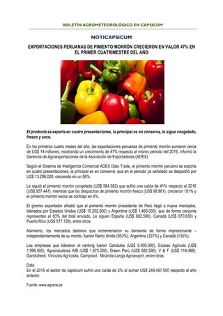 BOLETÍN AGROMETEOROLÓGICO EN CAPSICUM
NOTICAPSICUM
EXPORTACIONES PERUANAS DE PIMIENTO MORRÓN CRECIERON EN VALOR 47% EN
EL PRIMER CUATRIMESTRE DEL AÑO
El productose exporta en cuatro presentaciones, la principal es en conserva, le sigue congelado,
fresco y seco.
En los primeros cuatro meses del año, las exportaciones peruanas de pimiento morrón sumaron cerca
de US$ 14 millones, mostrando un crecimiento de 47% respecto al mismo periodo del 2016, informó la
Gerencia de Agroexportaciones de la Asociación de Exportadores (ADEX).
Según el Sistema de Inteligencia Comercial ADEX Data Trade, el pimiento morrón peruano se exporta
en cuatro presentaciones, la principal es en conserva, que en el periodo ya señalado se despachó por
US$ 13.298.000, creciendo en un 56%.
Le siguió el pimiento morrón congelado (US$ 564.382) que sufrió una caída de 41% respecto al 2016
(US$ 957.447), mientras que los despachos de pimiento morrón fresco (US$ 98.861), crecieron 181% y
el pimiento morrón secos se contrajo en 4%.
El gremio exportador añadió que el pimiento morrón procedente de Perú llegó a nueve mercados,
liderados por Estados Unidos (US$ 10.202.000) y Argentina (US$ 1.465.000), que de forma conjunta
representan el 83% del total enviado. Le siguen España (US$ 682.590), Canadá (US$ 670.930) y
Puerto Rico (US$ 577.728), entre otros.
Asimismo, los mercados destinos que incrementaron su demanda de forma impresionante –
independientemente de su monto- fueron Reino Unido (953%), Argentina (337%) y Canadá (135%).
Las empresas que lideraron el ranking fueron Gandules (US$ 9.409.000), Ecosac Agrícola (US$
1.996.000), Agroindustrias AIB (US$ 1.675.000), Green Perú (US$ 682.590), V & F (US$ 114.489),
Gandufresh, Vínculos Agrícolas, Camposol, Miranda-Langa Agroexport, entre otras.
Dato
En el 2016 el sector de capsicum sufrió una caída de 2% al sumar US$ 249.497.000 respecto al año
anterior.
Fuente: www.agraria.pe
 