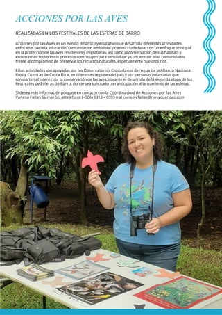 ACCIONES POR LAS AVES
REALIZADAS EN LOS FESTIVALES DE LAS ESFERAS DE BARRO
Acciones por las Aves es un evento dinámico y educativo que desarrolla diferentes actividades
enfocadas hacia la educación, comunicación ambiental y ciencia ciudadana, con un enfoque principal
en la protección de las aves residentes y migratorias, así como la conservación de sus hábitats y
ecosistemas; todos estos procesos contribuyen para sensibilizar y concientizar a las comunidades
frente al compromiso de preservar los recursos naturales, especialmente nuestros ríos.
Estas actividades son apoyadas por los Observatorios Ciudadanos del Agua de la Alianza Nacional
Ríos y Cuencas de Costa Rica, en diferentes regiones del país y por personas voluntarias que
comparten el interés por la conservación de las aves, durante el desarrollo de la segunda etapa de los
Festivales de Esferas de Barro, donde sea solicitado con anticipación al lanzamiento de las esferas.
Si desea más información póngase en contacto con la Coordinadora de Acciones por las Aves
Vanesa Fallas Salmerón, al teléfono: (+506) 6313 – 0393 o al correo vfallas@riosycuencas.com
 