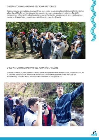 OBSERVATORIO CIUDADANO DEL AGUA RÍO TORRES
Realizamos una caminata de observación de aves en los senderos del Jardín Botánico Simón Bolívar
a la orilla del Río Torres, donde aprendimos sobre las aves migratorias y residentes. También
compartimos información sobre los peligros que enfrentan las poblaciones de aves y elaboramos
máscaras de papel para representar a las diferentes especies de aves.
OBSERVATORIO CIUDADANO DEL AGUA RÍO CHAGÜITE
Tuvimos una charla para hacer conciencia sobre la importancia de las aves como bioindicadores de
la salud de nuestros ríos. Además se realizó una caminata de observación de aves con los
estudiantes y también sembramos árboles nativos en la margen del río.
 