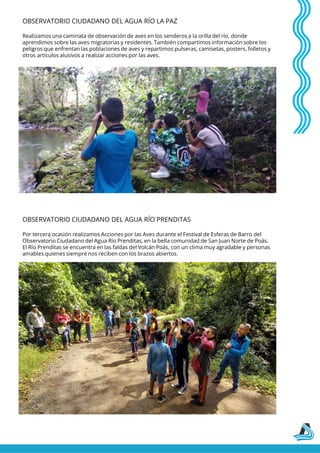 OBSERVATORIO CIUDADANO DEL AGUA RÍO LA PAZ
Realizamos una caminata de observación de aves en los senderos a la orilla del río, donde
aprendimos sobre las aves migratorias y residentes. También compartimos información sobre los
peligros que enfrentan las poblaciones de aves y repartimos pulseras, camisetas, posters, folletos y
otros artículos alusivos a realizar acciones por las aves.
OBSERVATORIO CIUDADANO DEL AGUA RÍO PRENDITAS
Por tercera ocasión realizamos Acciones por las Aves durante el Festival de Esferas de Barro del
Observatorio Ciudadano del Agua Río Prenditas, en la bella comunidad de San Juan Norte de Poás.
El Río Prenditas se encuentra en las faldas del Volcán Poás, con un clima muy agradable y personas
amables quienes siempre nos reciben con los brazos abiertos.
 