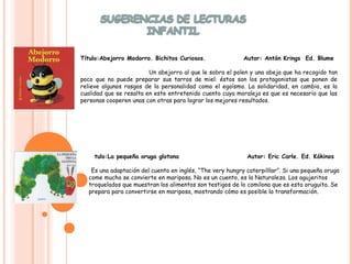 Título:Abejorro Modorro. Bichitos Curiosos.                Autor: Antón Krings Ed. Blume

                         Un abejorro al que le sobra el polen y una abeja que ha recogido tan
poco que no puede preparar sus tarros de miel: éstos son los protagonistas que ponen de
relieve algunos rasgos de la personalidad como el egoísmo. La solidaridad, en cambio, es la
cualidad que se resalta en este entretenido cuento cuya moraleja es que es necesario que las
personas cooperen unas con otras para lograr los mejores resultados.




  Título:La pequeña oruga glotona                           Autor: Eric Carle. Ed. Kókinos

   Es una adaptación del cuento en inglés, “The very hungry caterpilllar”. Si una pequeña oruga
  come mucho se convierte en mariposa. No es un cuento, es la Naturaleza. Los agujeritos
  troquelados que muestran los alimentos son testigos de lo comilona que es esta oruguita. Se
  prepara para convertirse en mariposa, mostrando cómo es posible la transformación.
 