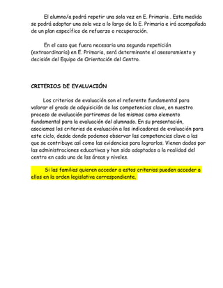 El alumno/a podrá repetir una sola vez en E. Primaria . Esta medida
se podrá adoptar una sola vez a lo largo de la E. Primaria e irá acompañada
de un plan específico de refuerzo o recuperación.
En el caso que fuera necesaria una segunda repetición
(extraordinaria) en E. Primaria, será determinante el asesoramiento y
decisión del Equipo de Orientación del Centro.
CRITERIOS DE EVALUACIÓN
Los criterios de evaluación son el referente fundamental para
valorar el grado de adquisición de las competencias clave, en nuestro
proceso de evaluación partiremos de los mismos como elemento
fundamental para la evaluación del alumnado. En su presentación,
asociamos los criterios de evaluación a los indicadores de evaluación para
este ciclo, desde donde podemos observar las competencias clave a las
que se contribuye así como las evidencias para lograrlos. Vienen dados por
las administraciones educativas y han sido adaptados a la realidad del
centro en cada una de las áreas y niveles.
Si las familias quieren acceder a estos criterios pueden acceder a
ellos en la orden legislativa correspondiente.
 