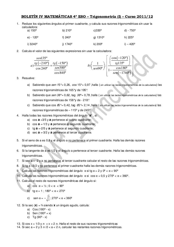 Boletín Iv Matemáticas 4º Eso