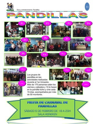 Ocio y entretenimiento: Pandillas
11
Los grupos de
pandillas en las
actividades realizadas
durante el 1er trimestre.
Más de 170 personas salen los
viernes y sábados y 10 lo hacen
en la pandilla búho y cine cada
15 días, acompañados por más
de 50 monitores.
P1 P2 P3 P4
P5
P6 P7 P8
P9 P10 P11 P12
P13 P15 P15
PCINE
PBÚHO
 