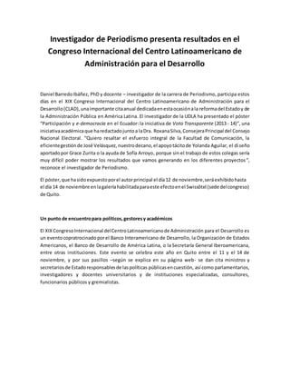 Investigador de Periodismo presenta resultados en el 
Congreso Internacional del Centro Latinoamericano de 
Administración...