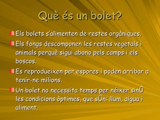 Què és un bolet? Els bolets s’alimenten de restes orgàniques. Els fongs descomponen les restes vegetals i animals perquè sigui abono pels camps i els boscos. Es reprodueixen per espores i poden arribar a tenir-ne milions. Un bolet no necessita temps per néixer sinó les condicions òptimes, que són: llum, aigua i aliment. 