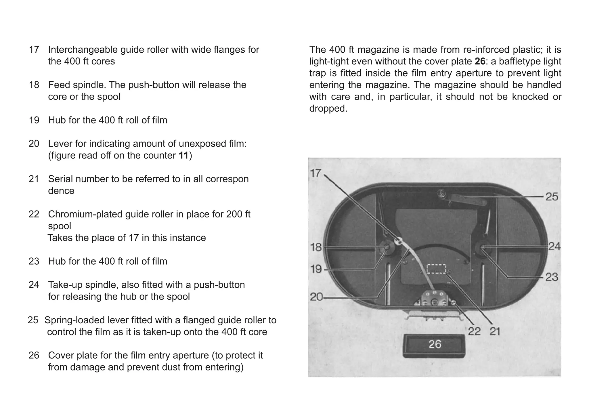 17 Interchangeable guide roller with wide flanges for
the 400 ft cores
18 Feed spindle. The push-button will release the
core or the spool
19 Hub for the 400 ft roll of film
20 Lever for indicating amount of unexposed film:
(figure read off on the counter 11)
21 Serial number to be referred to in all correspon
dence
22 Chromium-plated guide roller in place for 200 ft
spool
Takes the place of 17 in this instance
23 Hub for the 400 ft roll of film
24 Take-up spindle, also fitted with a push-button
for releasing the hub or the spool
25 Spring-loaded lever fitted with a flanged guide roller to
control the film as it is taken-up onto the 400 ft core
26 Cover plate for the film entry aperture (to protect it
from damage and prevent dust from entering)
The 400 ft magazine is made from re-inforced plastic; it is
light-tight even without the cover plate 26: a baffletype light
trap is fitted inside the film entry aperture to prevent light
entering the magazine. The magazine should be handled
with care and, in particular, it should not be knocked or
dropped.
 
