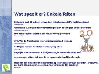 Wat speelt er? Enkele feiten Nederland kent 11 miljoen actieve internetgebruikers, 80% heeft breedband  Trendbox, mediko 2006 Wereldwijd 7.6 miljard zoekopdrachten per jaar, 384 miljoen unieke bezoekers  Morgan Stanley over Google, mei 2005 Elke halve seconde wordt er een nieuw weblog gecreëerd  Technorati (april 2007) 27% Van de Amerikaanse internetgebruikers leest weblogs  Morgan Stanley, november 2004 64 Miljoen mensen handelen wereldwijd op eBay eBay jaarverslag 2004 Dagelijks plaatsen mensen 3,2 miljoen  stukjes  informatie op het web Intelliseek (alleen Engelstalige informatie) ... en mensen blijken dat meer te vertrouwen dan traditionele media Meer dan een miljard door consumenten op internet geschreven berichten (groei 30% per jaar), consumenten creëren nu meer informatie dan bedrijven Joseph Jaffe, 2005 