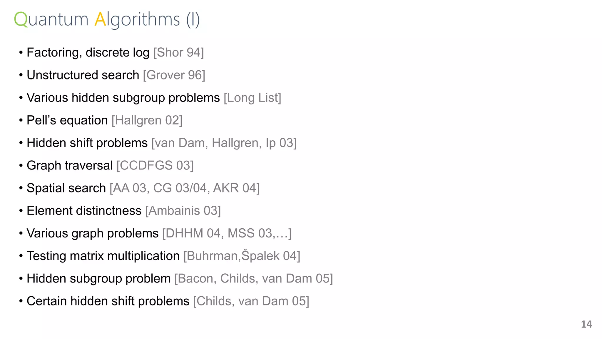 Quantum Algorithms (I)
14
• Factoring, discrete log [Shor 94]
• Unstructured search [Grover 96]
• Various hidden subgroup problems [Long List]
• Pell’s equation [Hallgren 02]
• Hidden shift problems [van Dam, Hallgren, Ip 03]
• Graph traversal [CCDFGS 03]
• Spatial search [AA 03, CG 03/04, AKR 04]
• Element distinctness [Ambainis 03]
• Various graph problems [DHHM 04, MSS 03,…]
• Testing matrix multiplication [Buhrman,Špalek 04]
• Hidden subgroup problem [Bacon, Childs, van Dam 05]
• Certain hidden shift problems [Childs, van Dam 05]
 