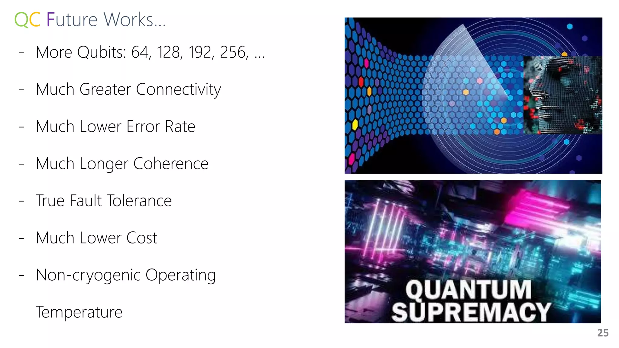 QC Future Works…
25
- More Qubits: 64, 128, 192, 256, …
- Much Greater Connectivity
- Much Lower Error Rate
- Much Longer Coherence
- True Fault Tolerance
- Much Lower Cost
- Non-cryogenic Operating
Temperature
 