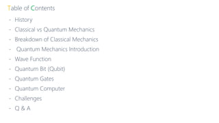Table of Contents
- History
- Classical vs Quantum Mechanics
- Breakdown of Classical Mechanics
- Quantum Mechanics Introduction
- Wave Function
- Quantum Bit (Qubit)
- Quantum Gates
- Quantum Computer
- Challenges
- Q & A
 