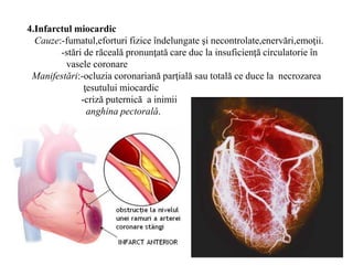 4.Infarctul miocardic
Cauze:-fumatul,eforturi fizice îndelungate şi necontrolate,enervări,emoţii.
-stări de răceală pronunţată care duc la insuficienţă circulatorie în
vasele coronare
Manifestări:-ocluzia coronariană parţială sau totală ce duce la necrozarea
ţesutului miocardic
-criză puternică a inimii
anghina pectorală.
 
