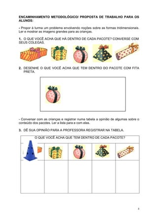 3
ENCAMINHAMENTO METODOLÓGICO/ PROPOSTA DE TRABALHO PARA OS
ALUNOS:
- Propor à turma um problema envolvendo noções sobre as formas tridimensionais.
Ler e mostrar as imagens grandes para as crianças.
1. O QUE VOCÊ ACHA QUE HÁ DENTRO DE CADA PACOTE? CONVERSE COM
SEUS COLEGAS.
2. DESENHE O QUE VOCÊ ACHA QUE TEM DENTRO DO PACOTE COM FITA
PRETA.
- Conversar com as crianças e registrar numa tabela a opinião de algumas sobre o
conteúdo dos pacotes. Ler a lista para e com elas.
3. DÊ SUA OPINIÃO PARA A PROFESSORA REGISTRAR NA TABELA.
O QUE VOCÊ ACHA QUE TEM DENTRO DE CADA PACOTE?
 
