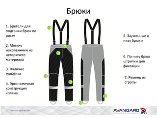 Брюки
6. По низу брюк
штрипки для
фиксации
4. Эргономичная
конструкция
колена
5. Зауженные к
низу брюки
1. Бретели для
подгонки брюк по
росту
2. Мягкие
наколенники из
негорючего
материала
3. Наличие
гульфика
1
2
3
4
5
6
7. Ремень из
стропы
7
 