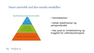 Ny Analyse as
Noen særtrekk ved den norske modellen
• Familiebanken
• Solide statsfinanser og
pensjonsfondet
• Høy grad av inntektssikring og
trygghet for velferdsordningene
 
