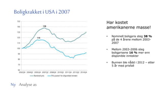 Ny Analyse as
Boligkrakket i USA i 2007
Har kostet
amerikanerne masse!
• Nominell boligpris steg 38 %
på de 4 årene mellom 2003-
2007
• Mellom 2003-2006 steg
boligprisene 16 % mer enn
disponible inntekter
• Bunnen ble nådd i 2012 – etter
5 år med prisfall
 
