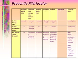Preventia Filariozelor 
Heartgard 
pentru 
Caini 
Heartgard 
Plus 
Iverhart 
Plus 
Tri-Heart 
Plus 
Heartgard 
pentru 
Pisici 
Interceptor Sentinel Stronghold Advantage 
Multi 
Dirofilarii 
Principiul 
activ 
ivermectina ivermectin 
a 
ivermectin 
a 
milbemycin 
oxime 
milbemycin 
oxime 
selamectina moxidectina 
Controlul 
altor Paraziti-produs 
nu pyrantel 
pamoate 
nu nu lufenuron nu imidacloprid 
Alte Tipuri de 
Paraziti 
Controlati 
nu Ancylostom 
a, 
Toxocara , 
Toxascaris 
Ancylostom 
a 
Ancylostom 
a Trichuris 
V, 
Toxocara , 
Toxascaris 
Ancylostom 
a Toxocara , 
Toxascaris 
Trichuris V. 
Sterilizeaza 
purecii 
Caini: 
pureci, capuse, 
miceti auriculari, 
raie sarcoptica 
Pisici: 
pureci, 
miceti auriculari, 
Ancylostoma, 
Toxascaris 
Caini: 
pureci, 
Ancylostoma 
Trichuris V, 
Toxocara , 
Toxascaris, 
Pisici: 
pureci, 
miceti 
auriculari, 
Ancylostoma , 
Toxascaris 
 